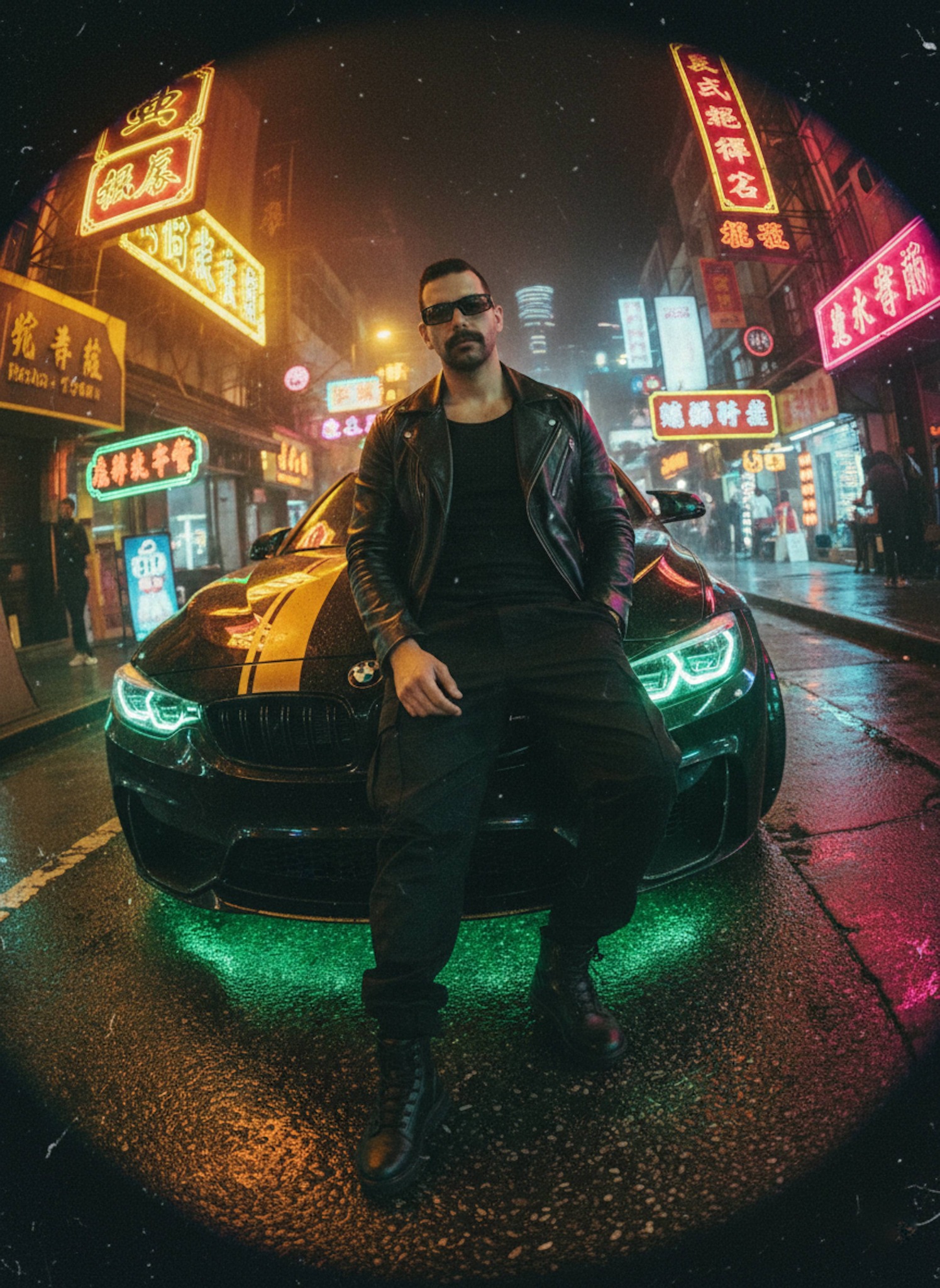 Person in black leather jacket and tank top on neon-lit cyberpunk street shot with fisheye lens and Dutch tilt at night