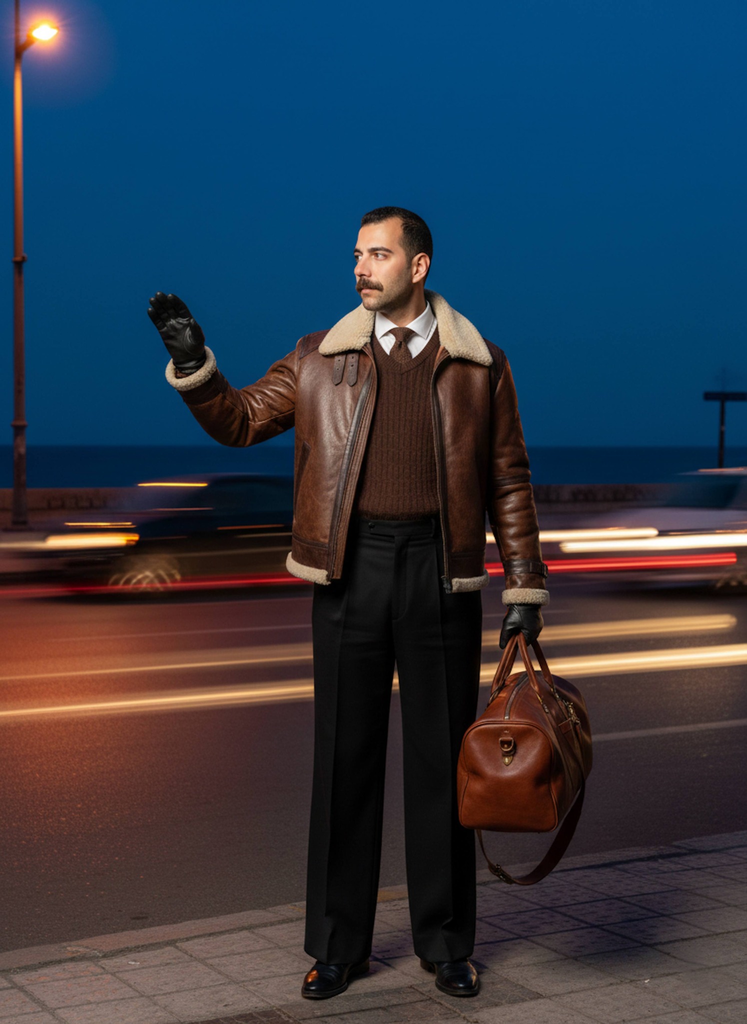Person standing on Alexandria sidewalk edge during blue hour with glowing orange streetlights and Mediterranean twilight sky