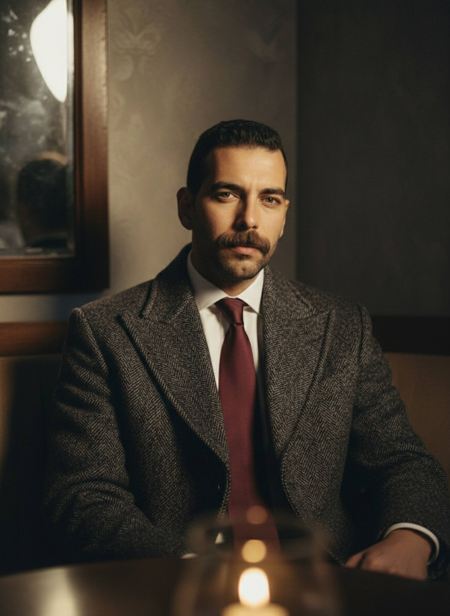 Person in charcoal brushed wool tweed overcoat seated in vintage wood booth in dim old-world lounge with warm diffused lighting