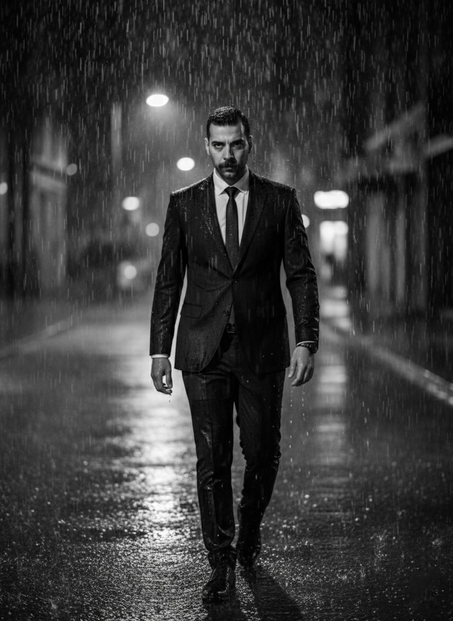 Person in wet black suit walking through heavy rain on city street at night with long streetlight streaks in black and white