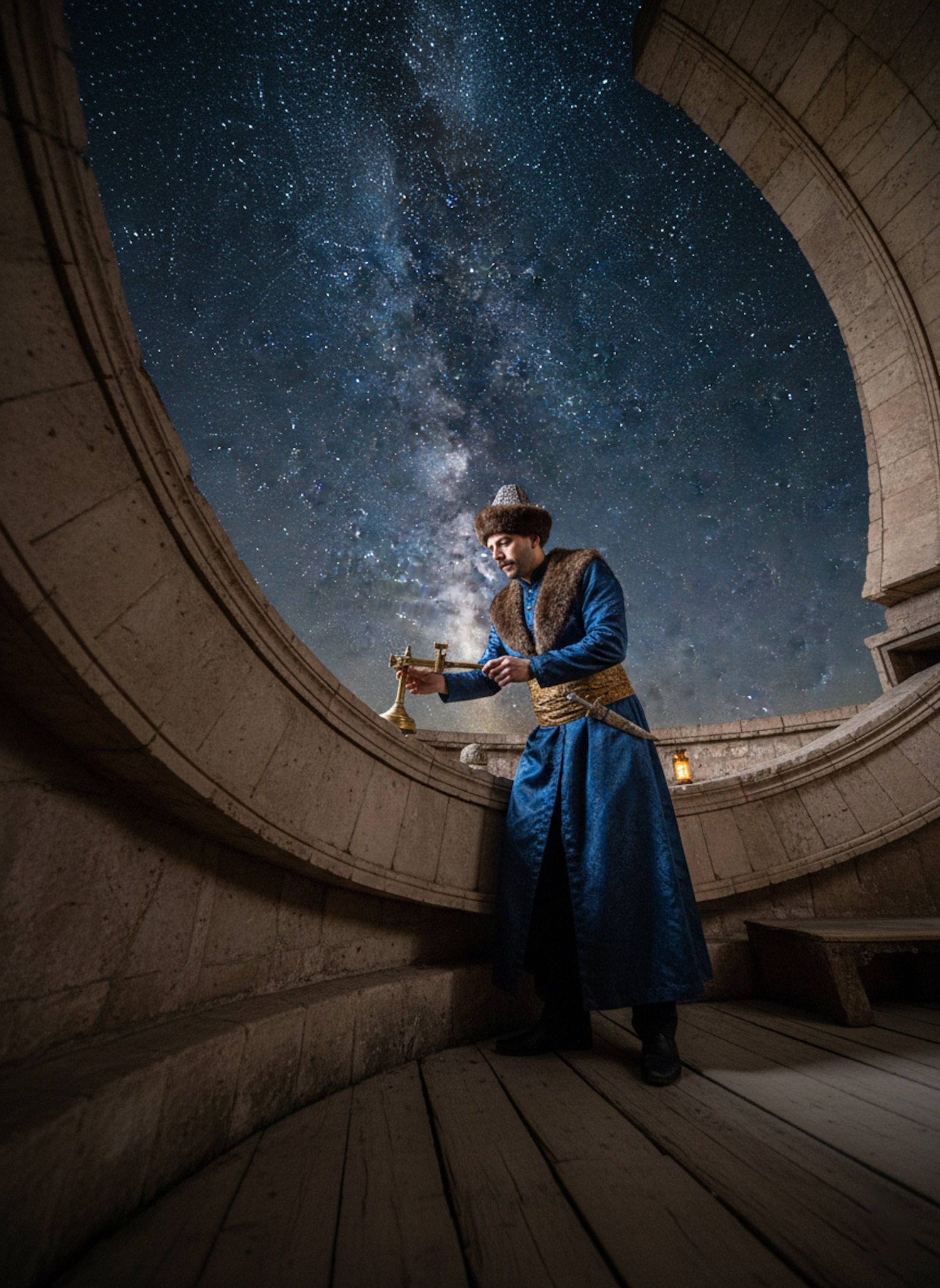 Person as Timurid astronomer looking through massive stone sextant at Samarkand observatory mapping stars at night