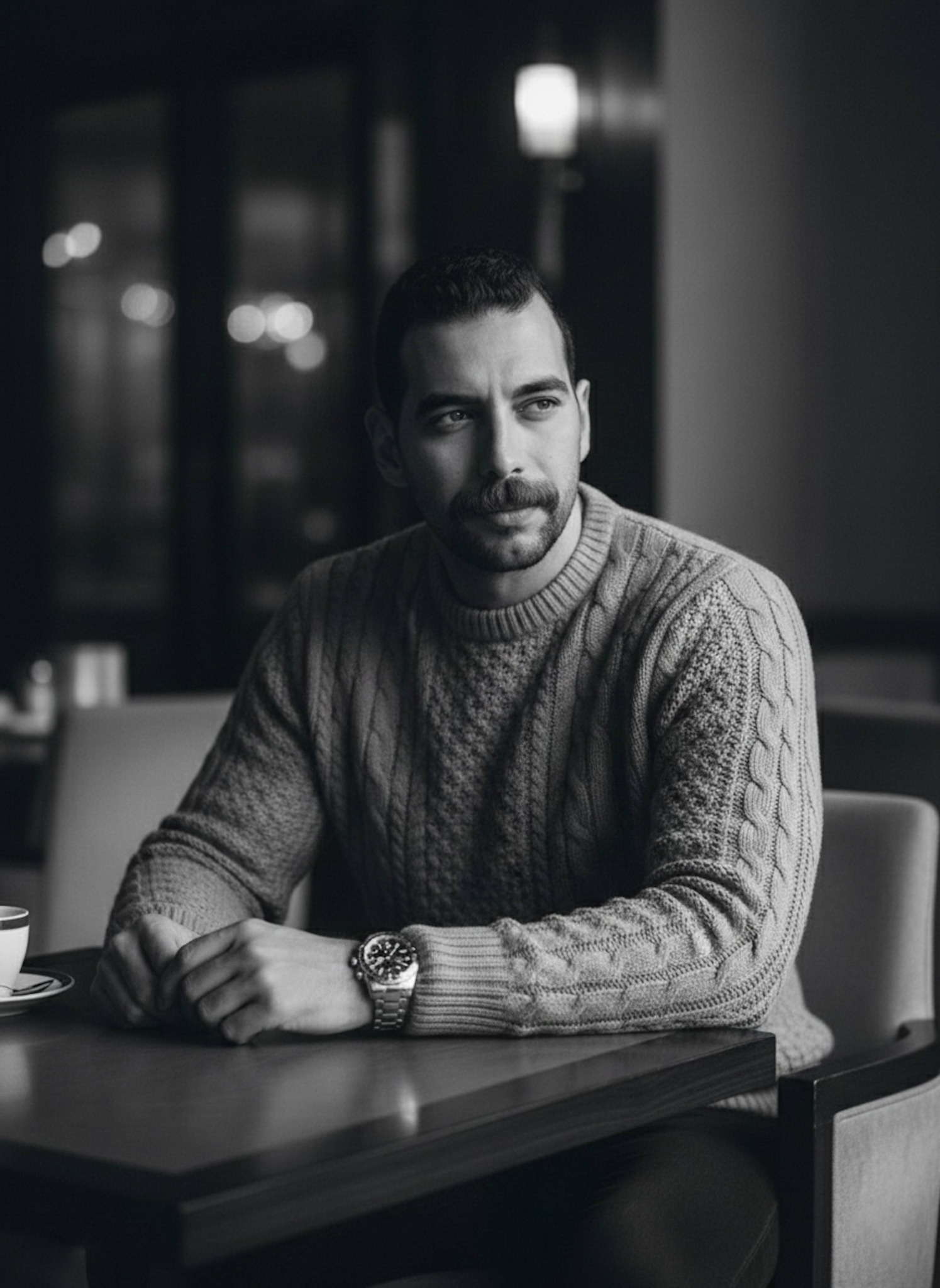 Person in cable knit sweater and luxury watch seated at luxury cafe with dramatic chiaroscuro black and white lighting