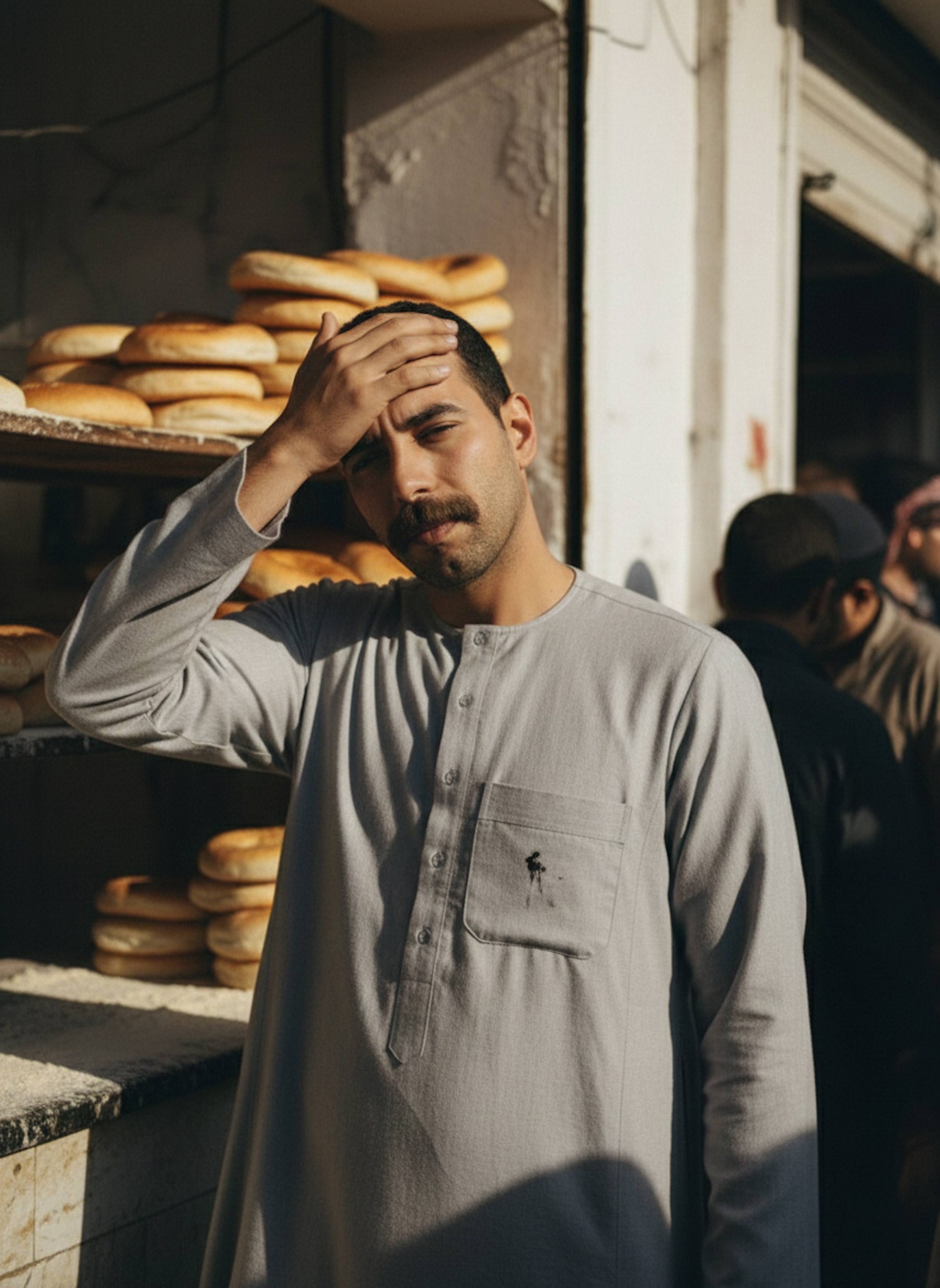 Person in a grey cotton thobe wiping sweat while waiting in a bakery queue with stacks of bread in harsh afternoon sunlight