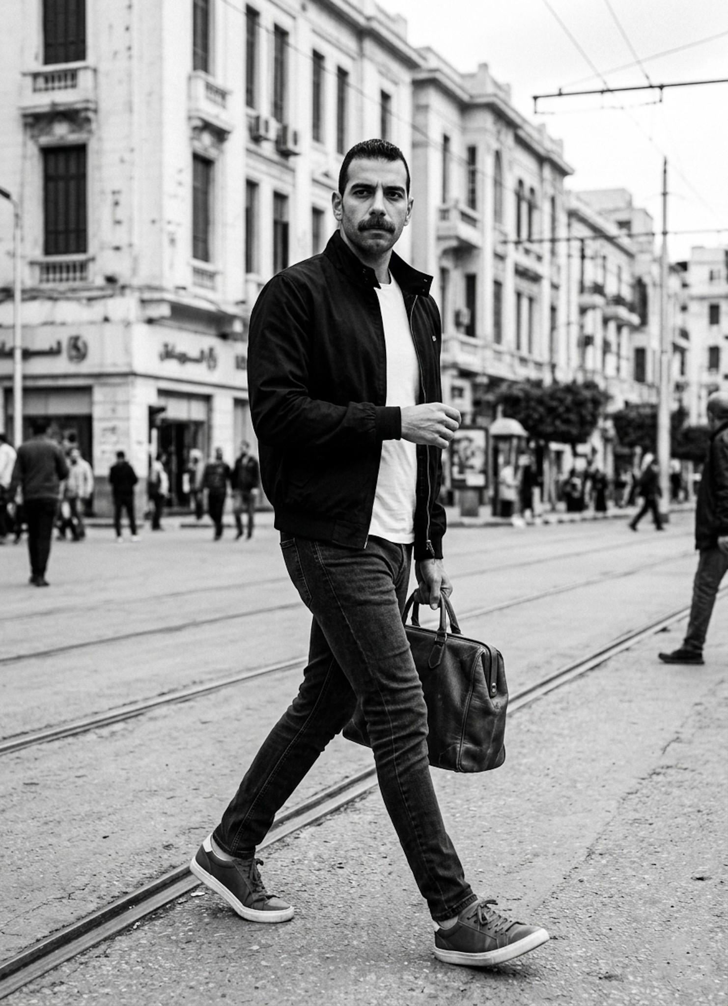 Person in Harrington jacket and slim-fit jeans captured mid-stride at Midan El Raml in sharp dynamic monochrome