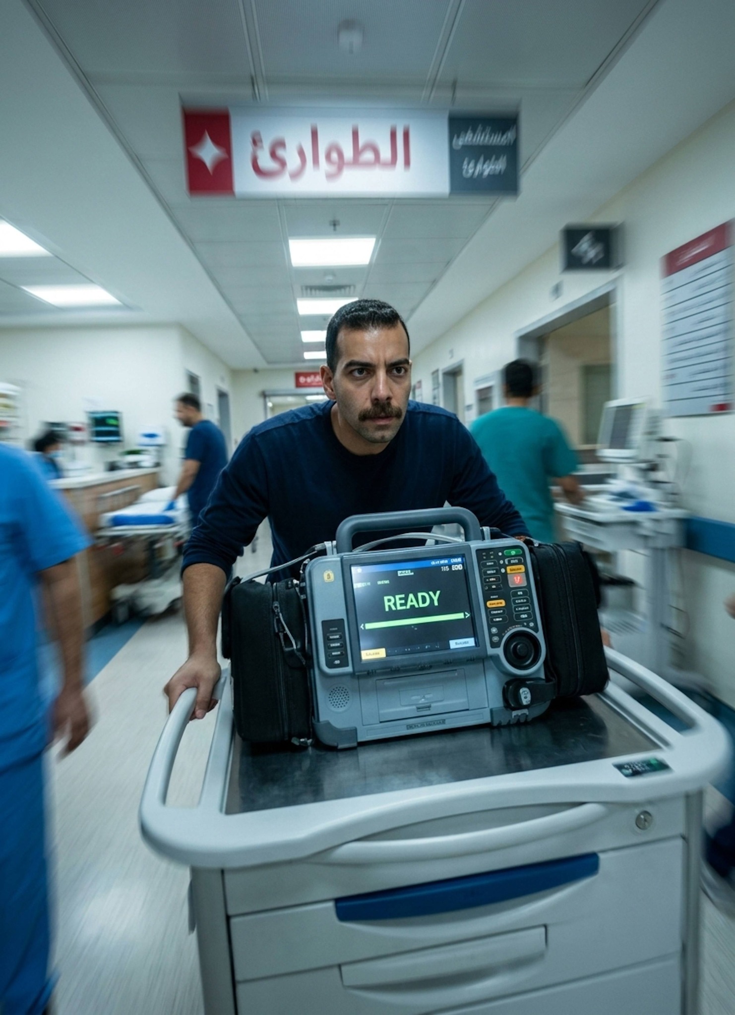 Person in medical scrubs sprinting while pushing crash cart with defibrillator through hospital hallway with blurred staff behind