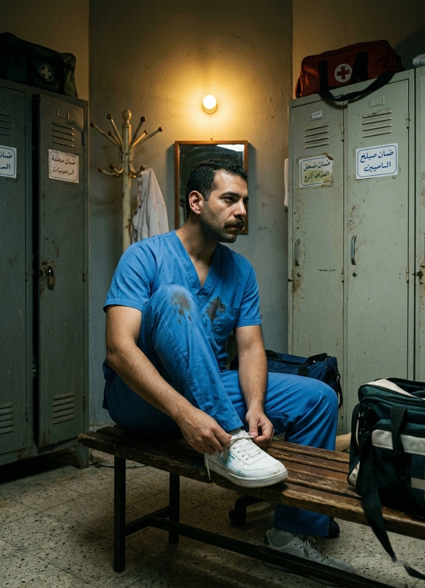 Person in stained scrubs sitting on bench untying shoes in cramped hospital locker room with metal lockers and Arabic stickers