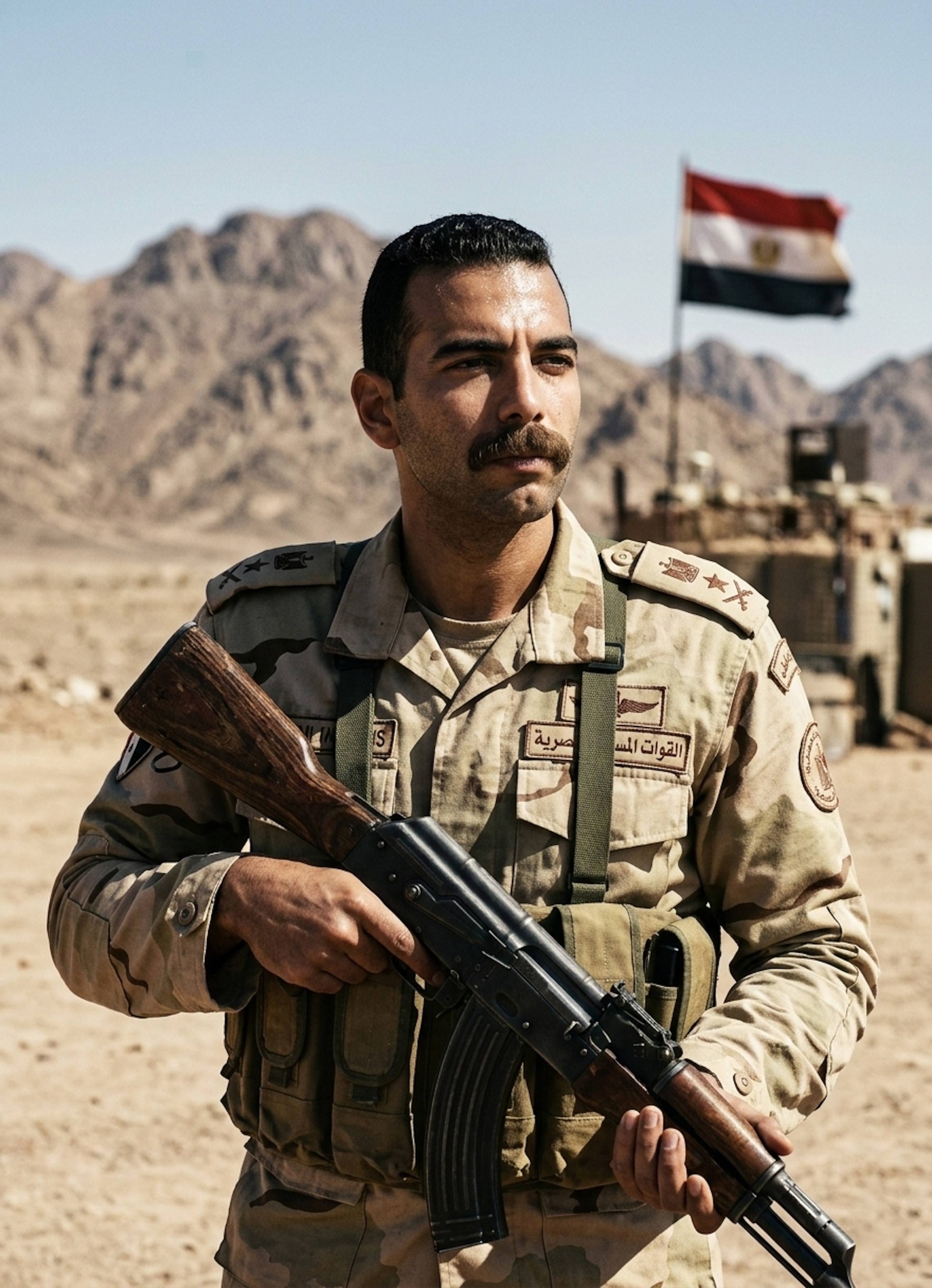 Person in Egyptian desert DPM camouflage uniform with tactical gear and First Lieutenant insignia in Sinai desert landscape