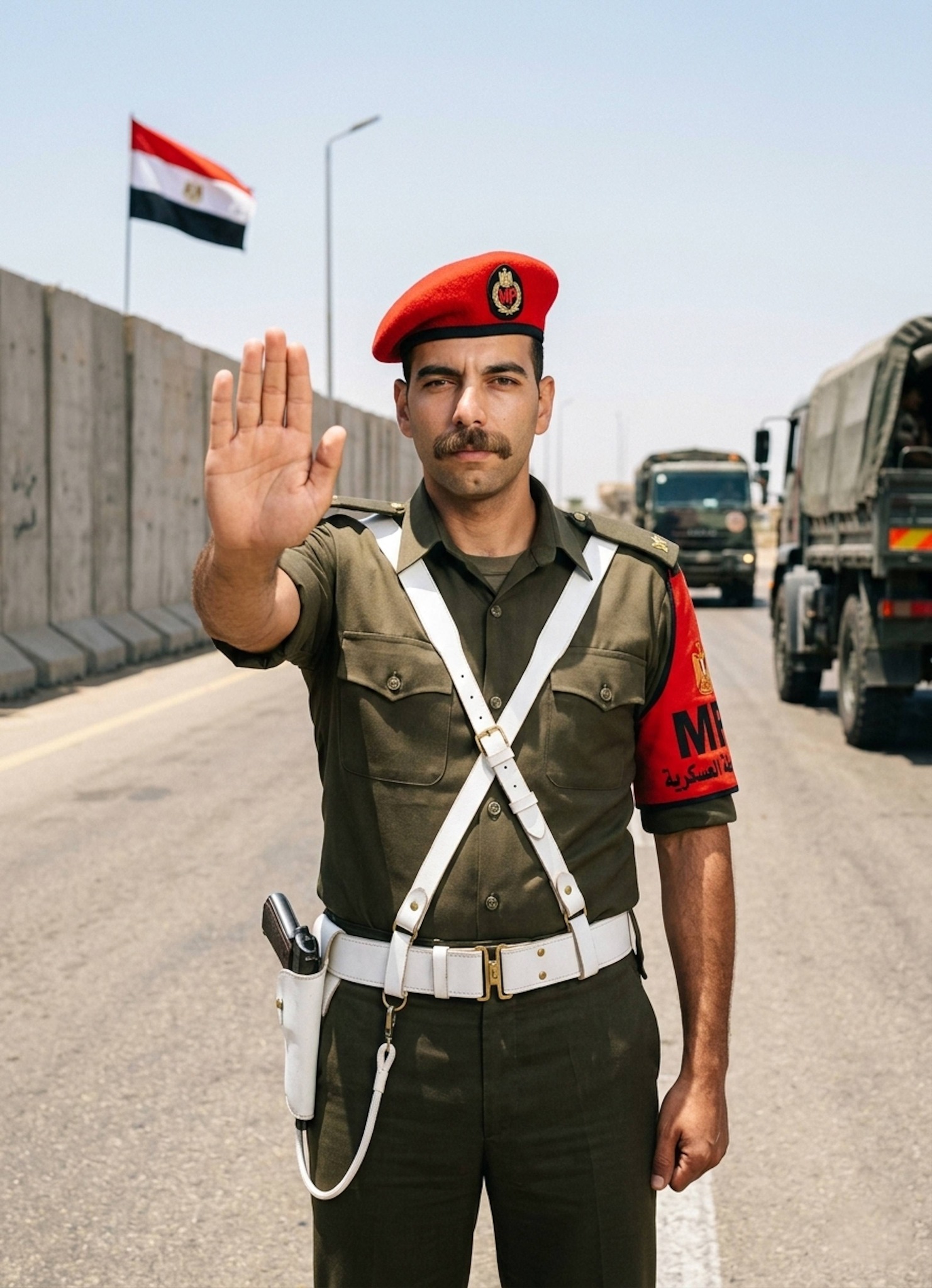 Person in olive drab military police uniform with red beret and MP armband standing at checkpoint with commanding posture
