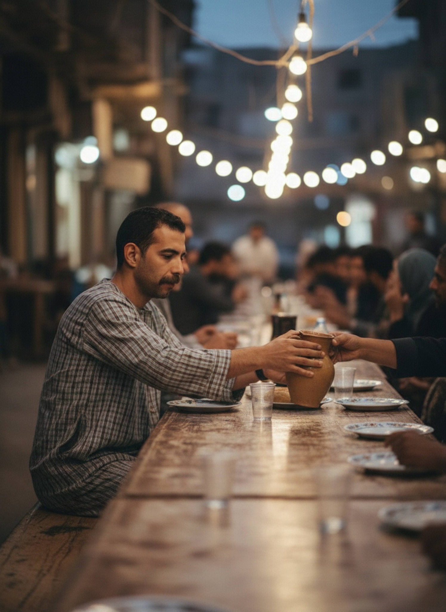 Person in a checkered galabeya passing water at a communal street table under warm strung street lights at night