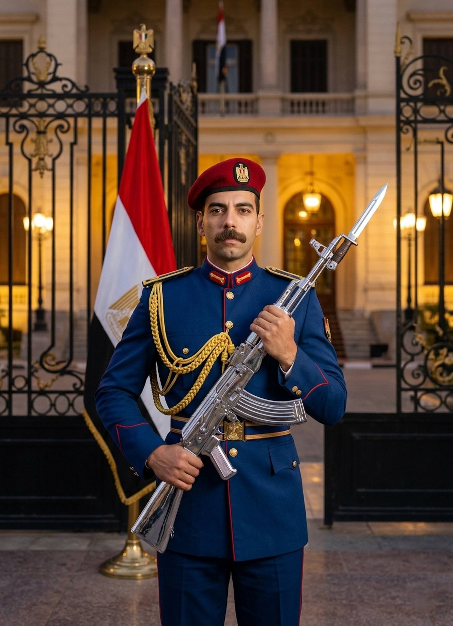 Person in deep blue Republican Guard dress uniform with gold aiguillettes and red beret holding chrome ceremonial rifle