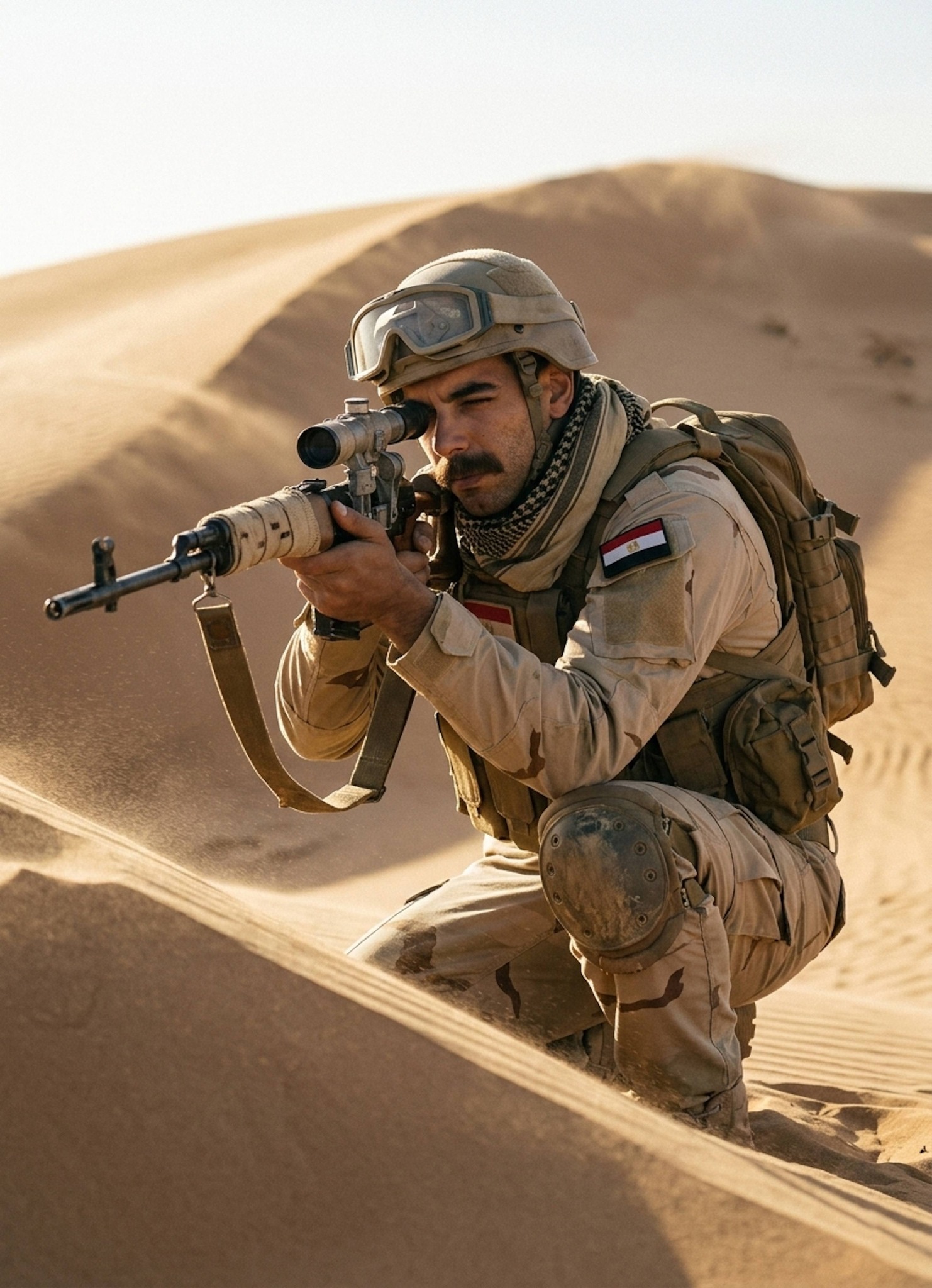 Person in tan desert tactical gear with shemagh and dust goggles positioned with Dragunov sniper rifle behind desert dunes