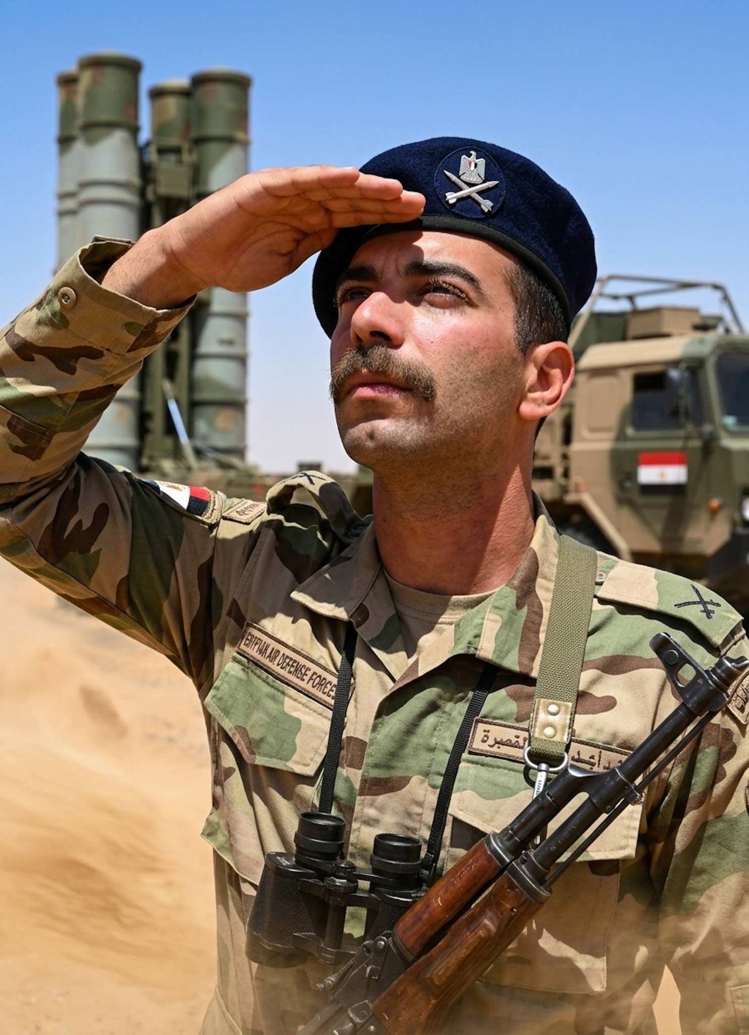 Person in hybrid camouflage with dark blue Air Defense beret and binoculars standing at missile battery installation