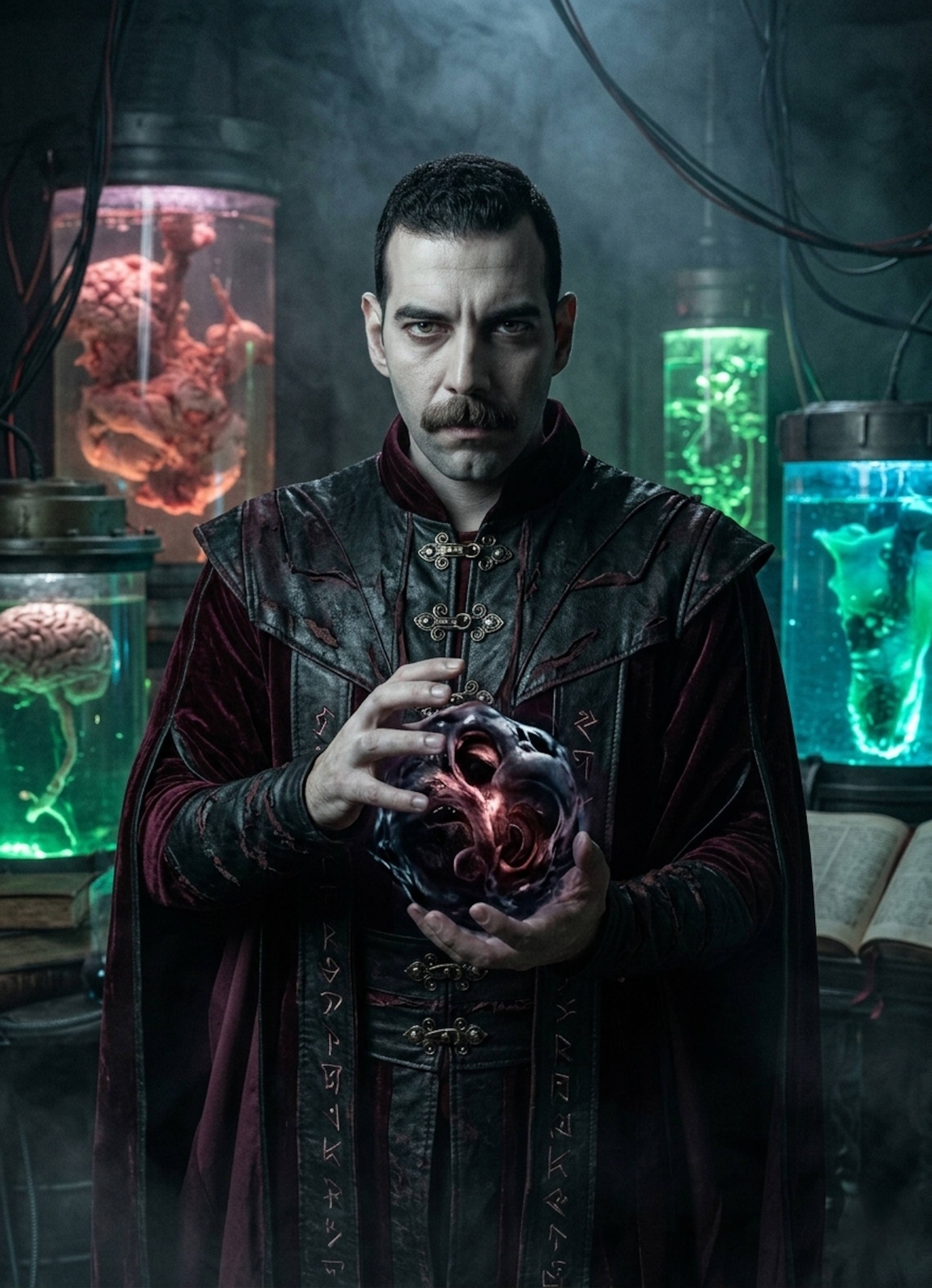 Person in burgundy robes and black leather holding morphing dark energy ball in alchemical laboratory with glowing vats