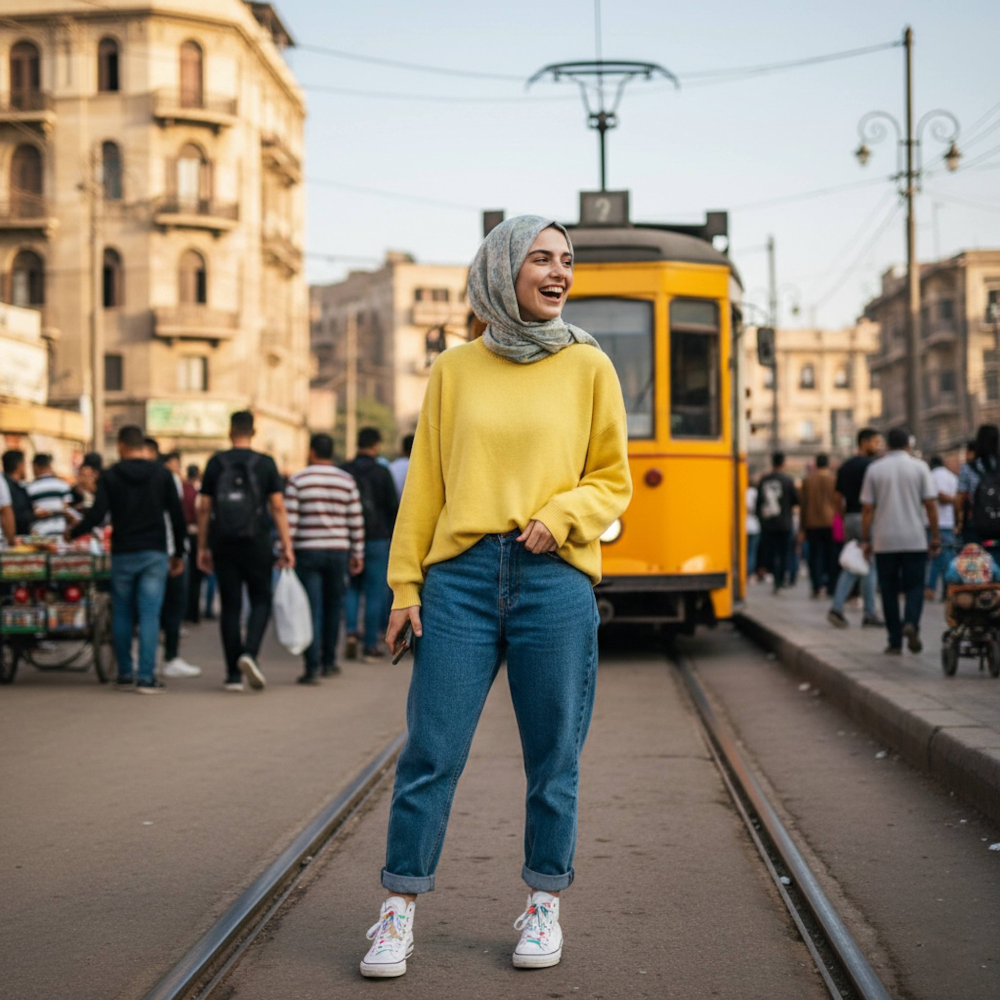 Hijabi woman in lemon yellow oversized sweater laughing at El Raml tram station with iconic yellow tram and busy street life
