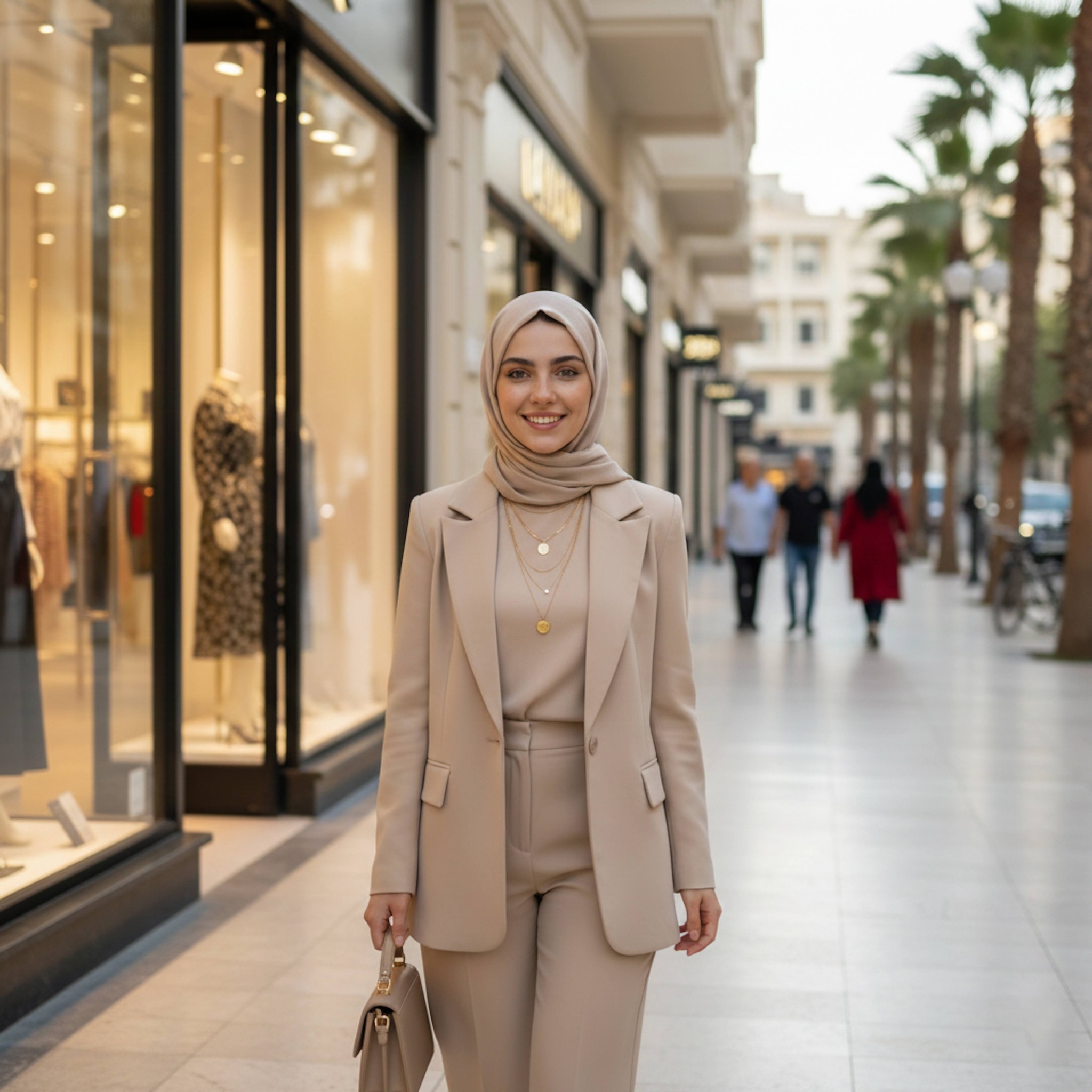Hijabi woman in monochromatic beige blazer outfit with gold necklaces walking past high-end Smouha boutiques