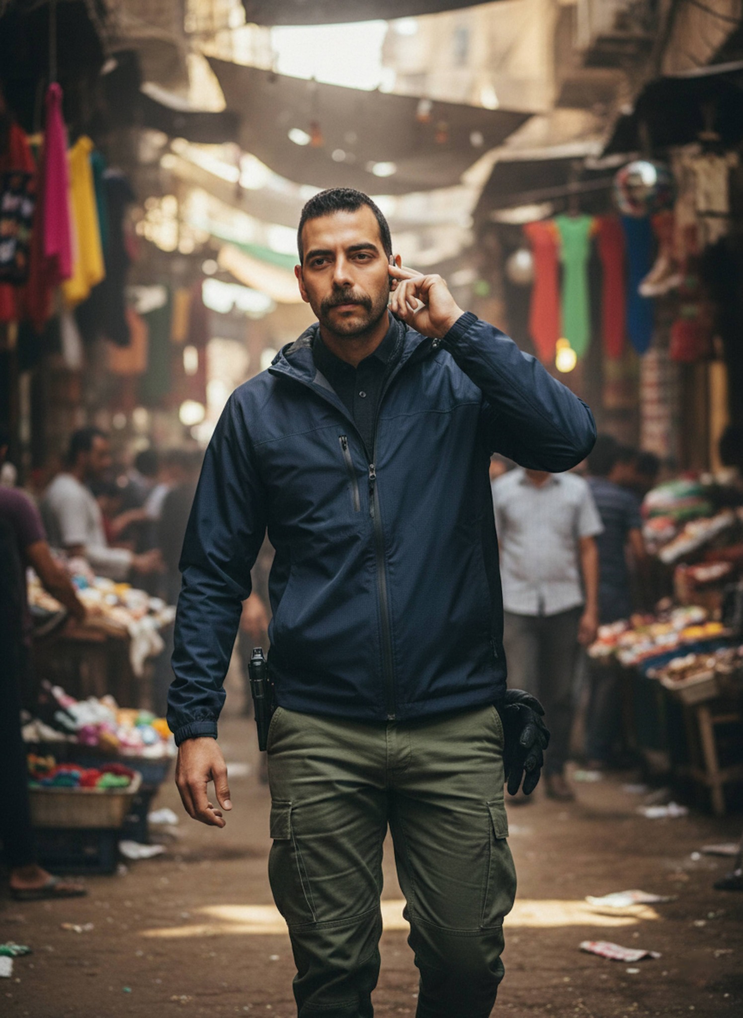 Person in a navy tactical windbreaker navigating crowded market streets with an earpiece and dappled sunlight through overhead tarps