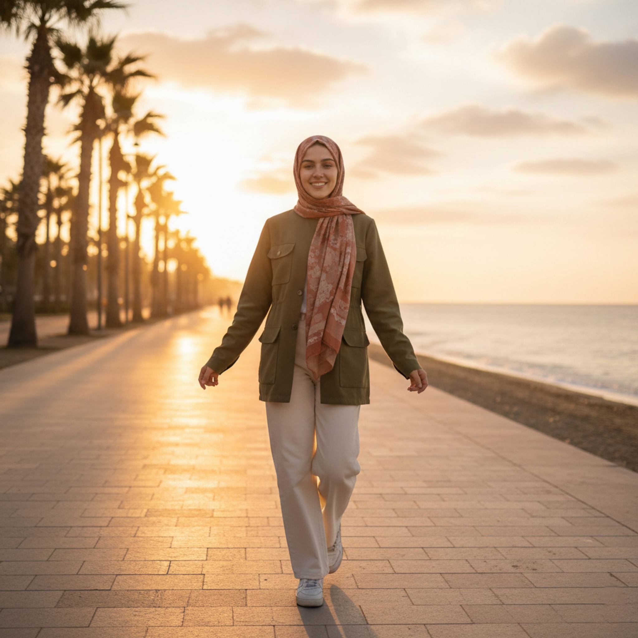 Hijabi woman in olive green utility jacket striding on Maamoura Beach walkway at sunset with palm trees and Mediterranean coast
