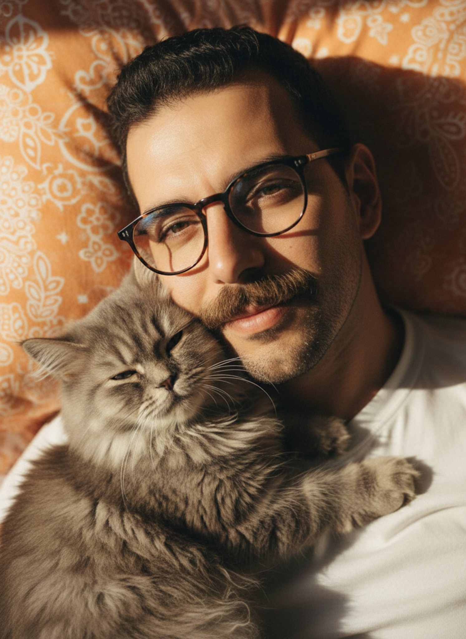 Close-up cinematic portrait of person with rounded glasses alongside gray Persian cat in warm natural light intimate scene