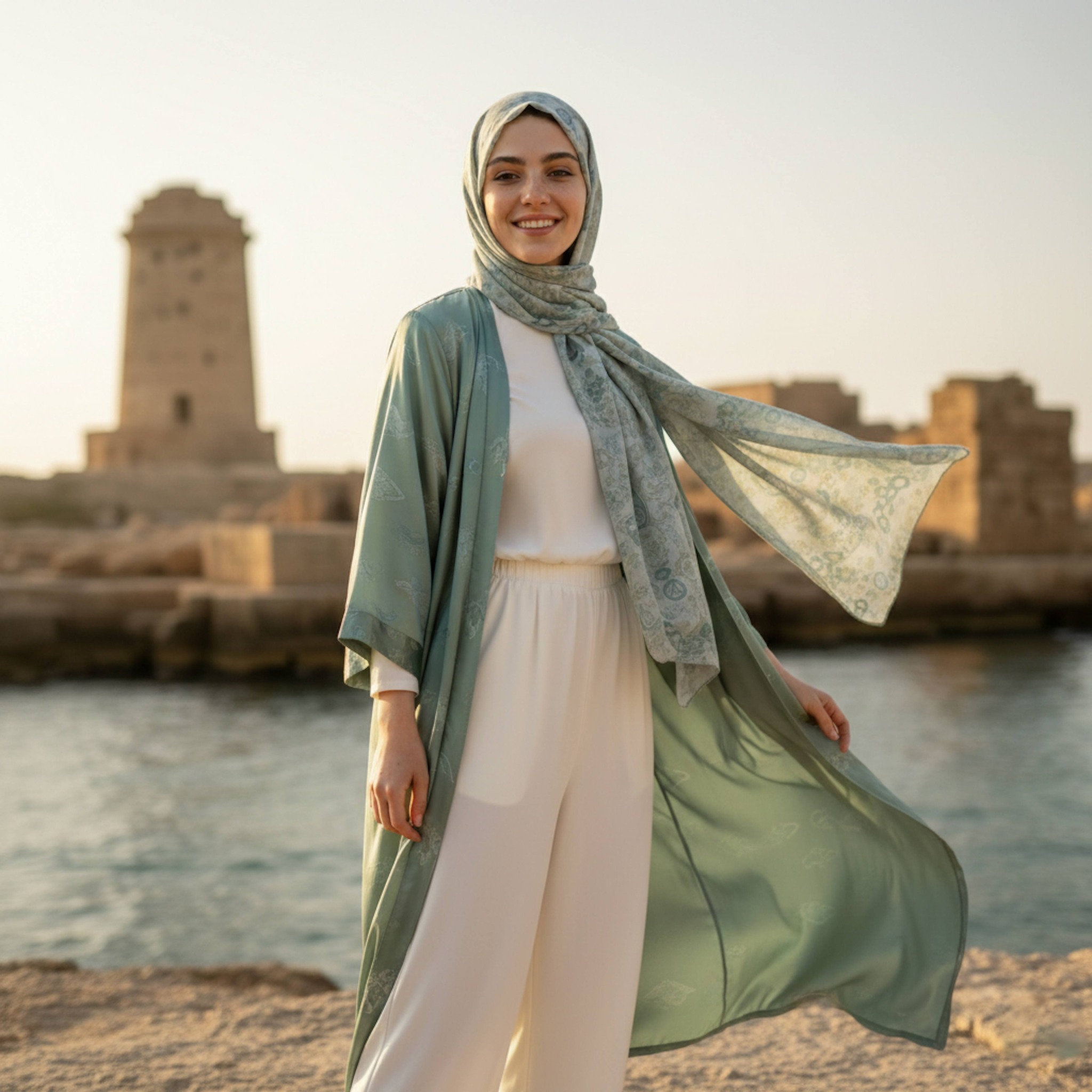 Hijabi woman in seafoam green silk kimono near ancient Lighthouse of Alexandria site with wind catching light fabric