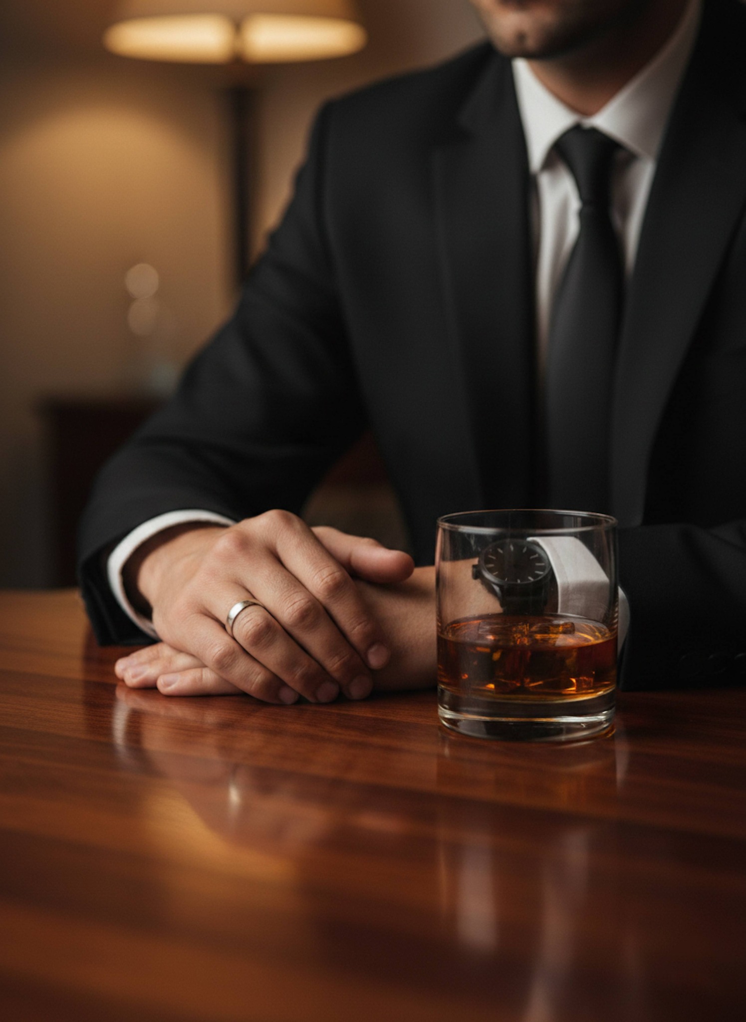 Close-up of hands with black watch and silver wedding band on polished wooden table beside half-empty bourbon glass with warm light