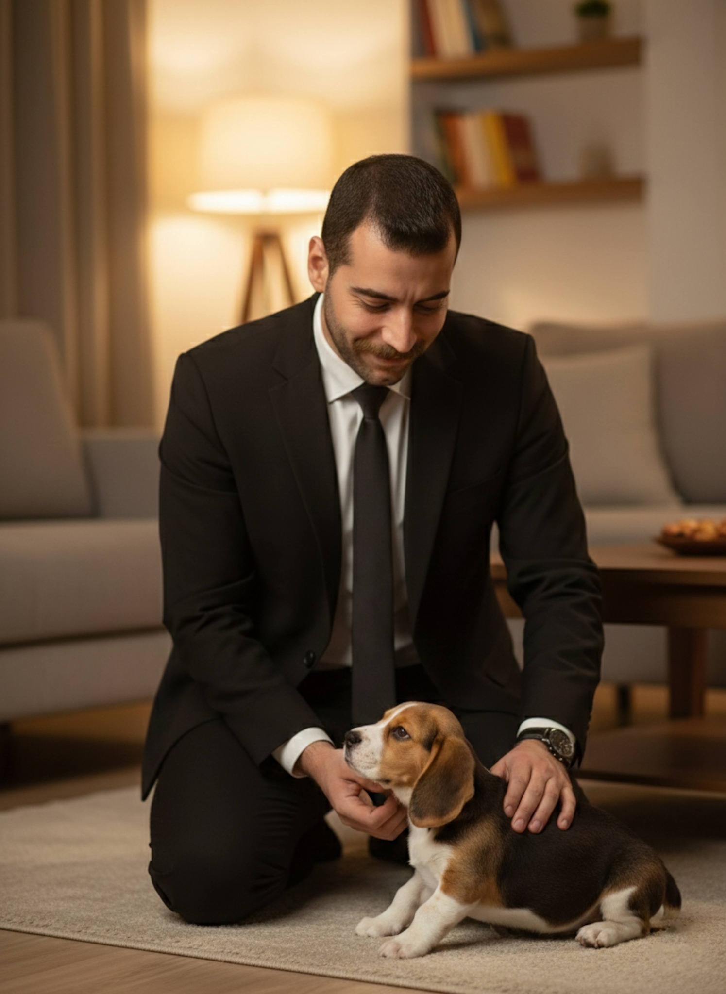 Person in black suit kneeling and petting beagle puppy in warm softly lit living room with weary peaceful smile
