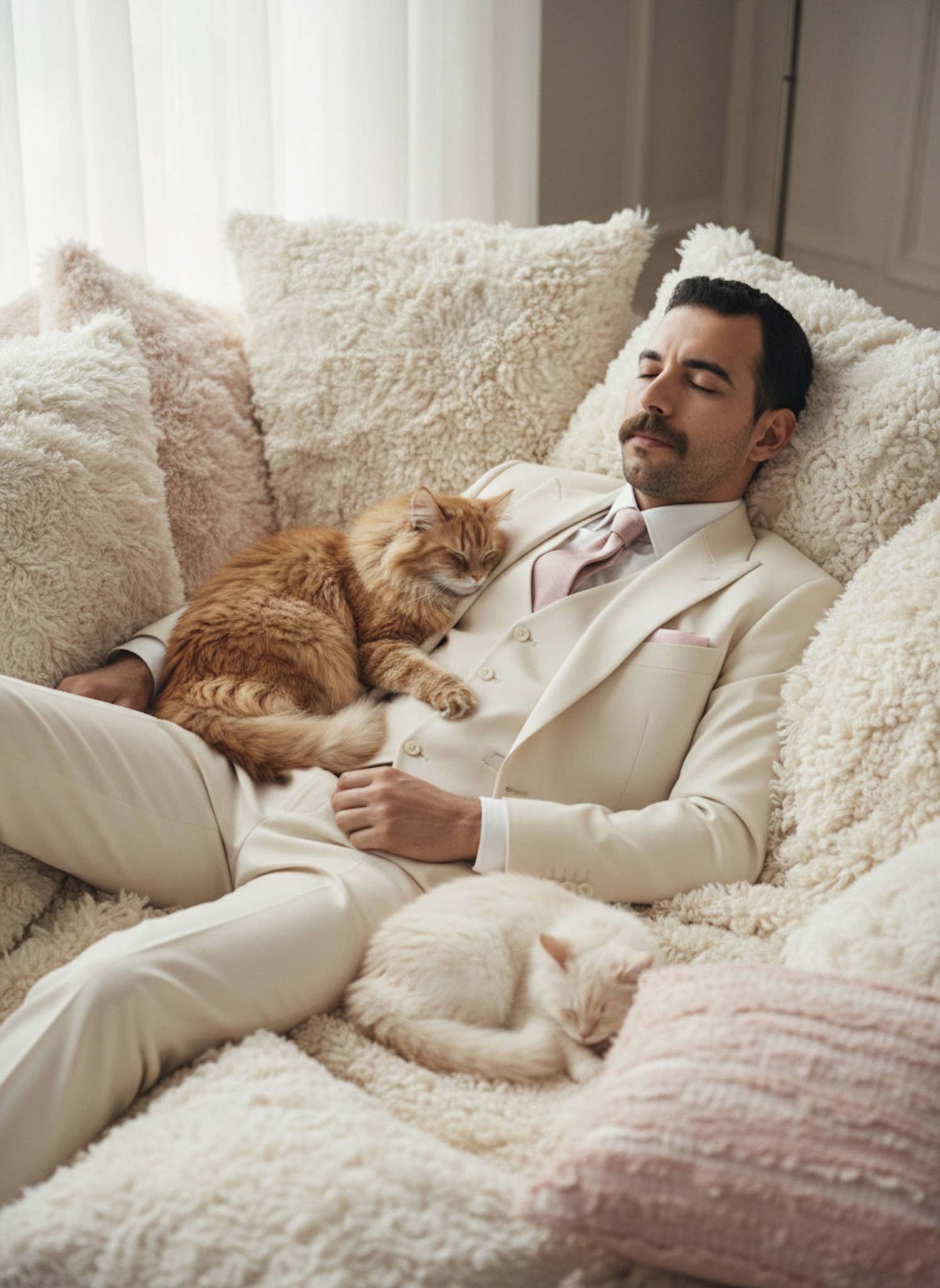 Person in cream suit with pink tie lying among plush shaggy cream pillows surrounded by fluffy cats in editorial setting