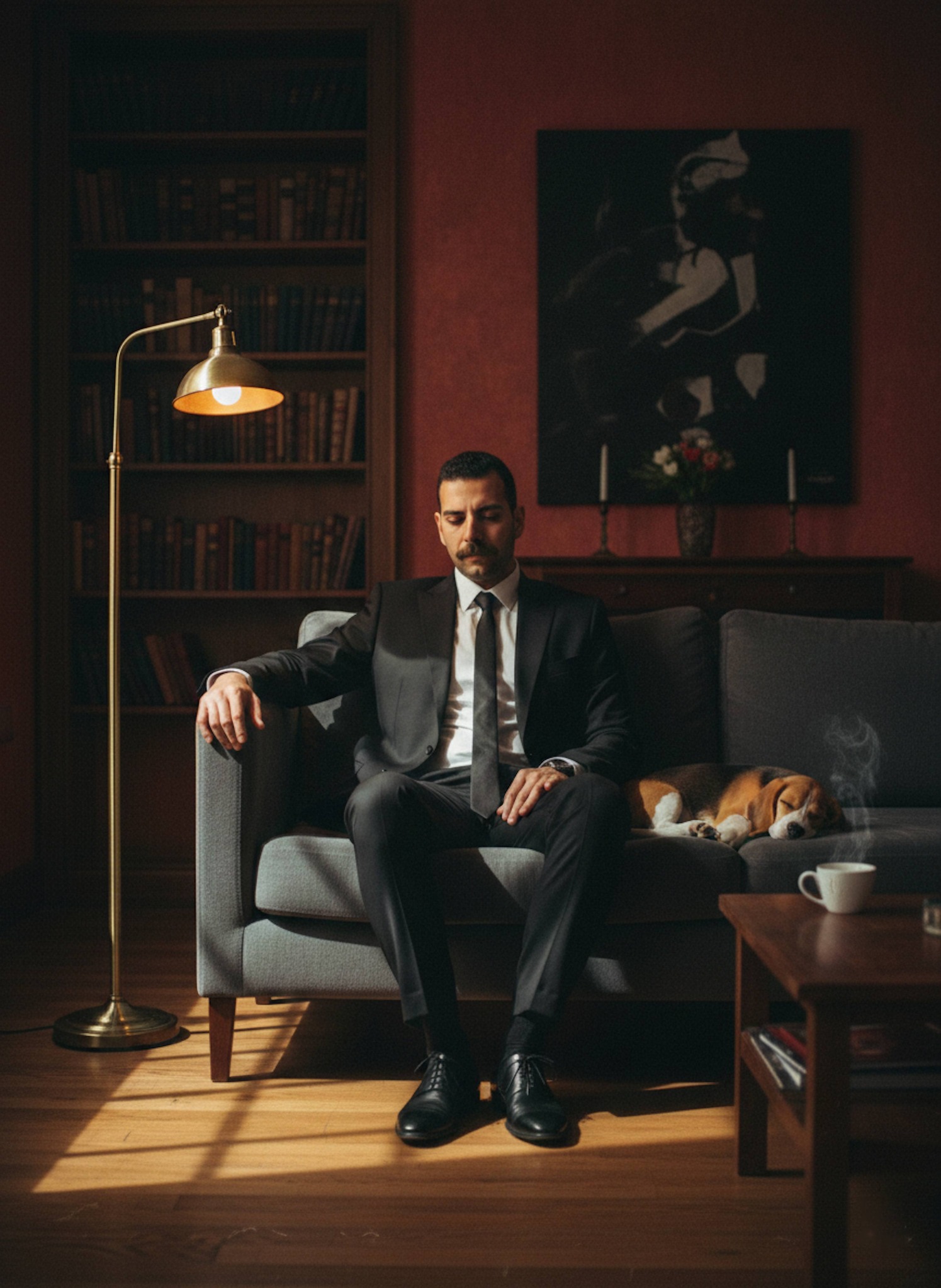 Person in black suit sitting contemplatively on sofa in dimly lit living room with beagle puppy beside them