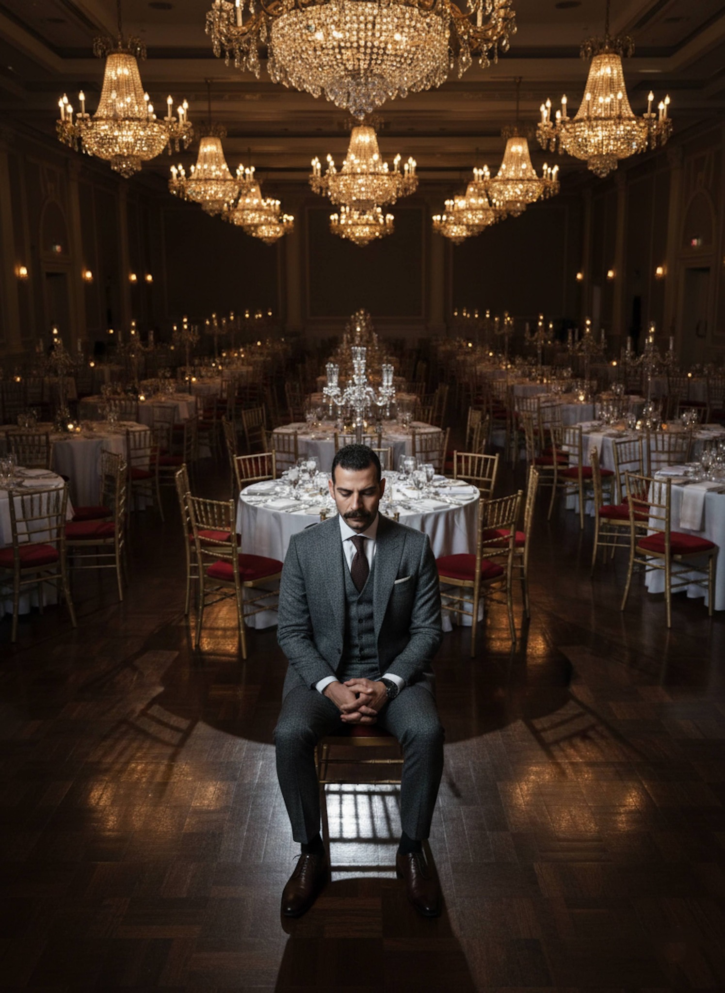 Person in slate-grey herringbone three-piece suit sitting alone in vast empty ballroom with crystal-adorned tables