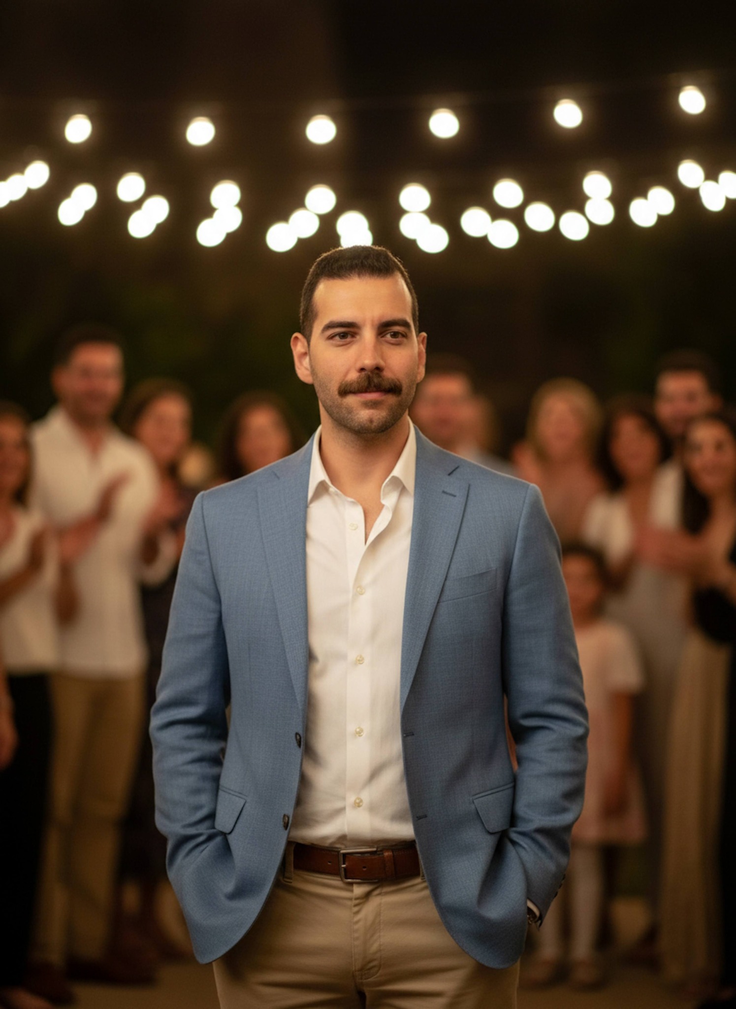 Person in light blue linen blazer at center of joyful blurred engagement crowd with warm string lights bokeh