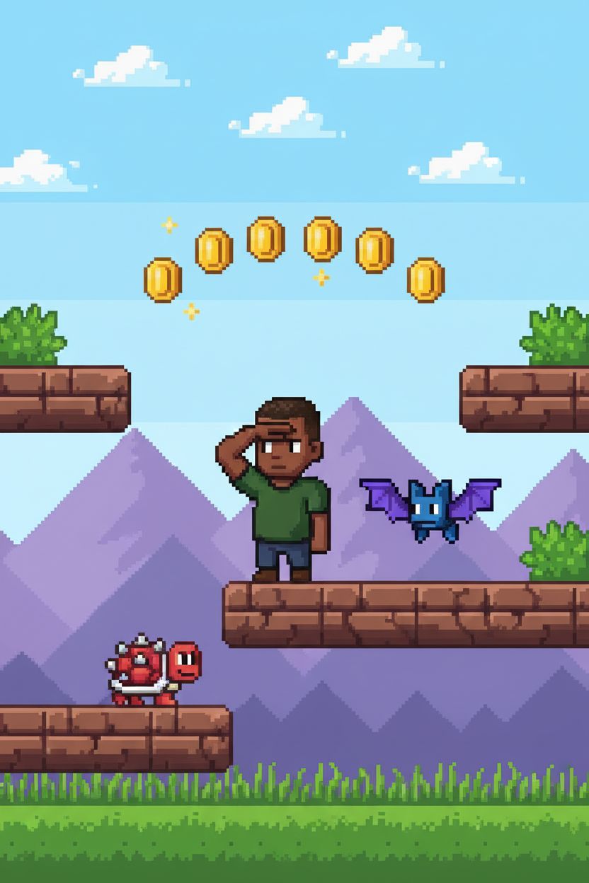 Person as a 16-bit pixel art video game character in a retro side-scrolling platformer level with mountains and floating platforms