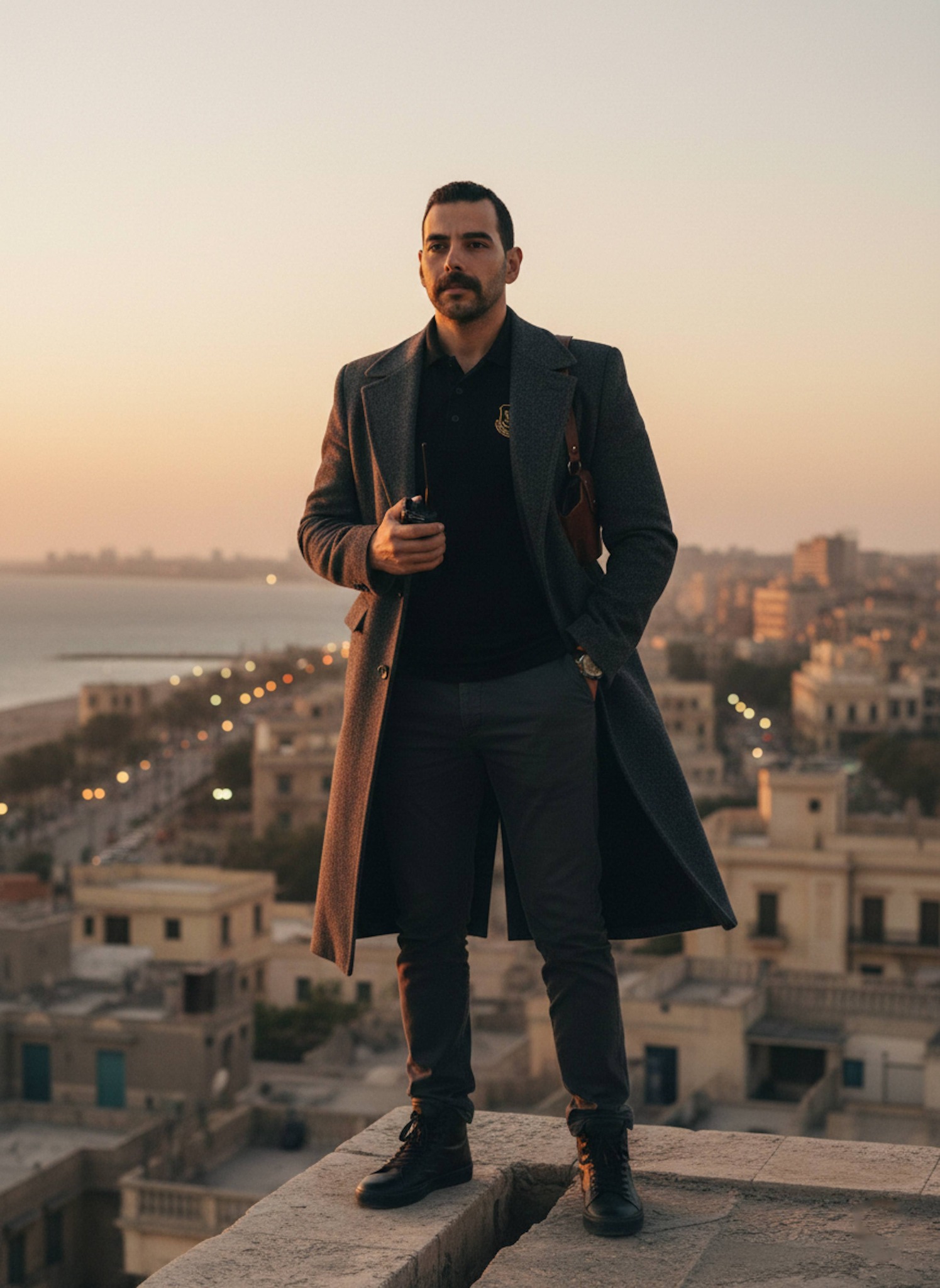 Person in a billowing charcoal overcoat standing at a rooftop edge overlooking the coastal city at dusk with golden hour split lighting