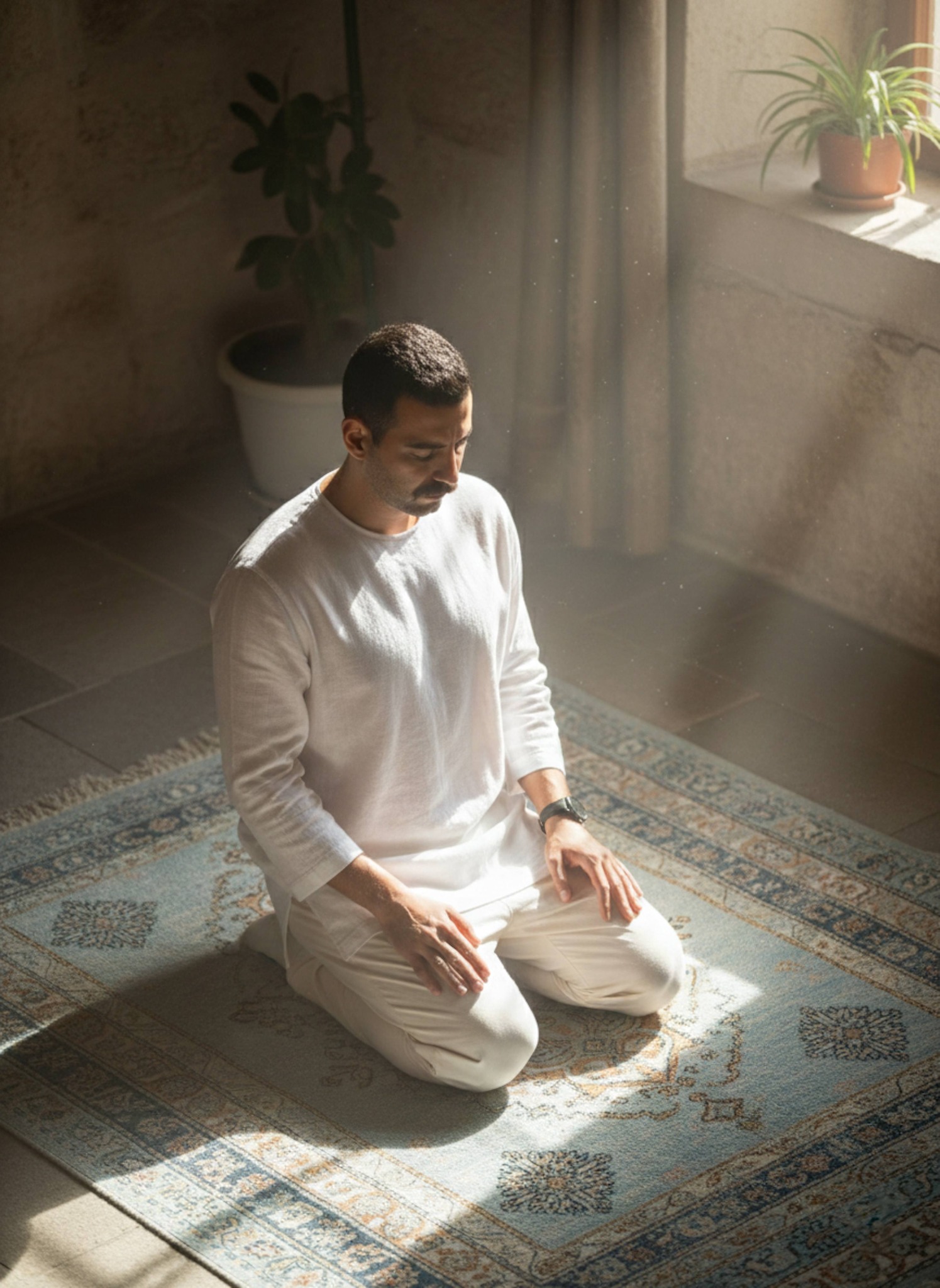 Person in white linen tunic kneeling in sun-drenched spiritual space with shafts of morning light streaming through