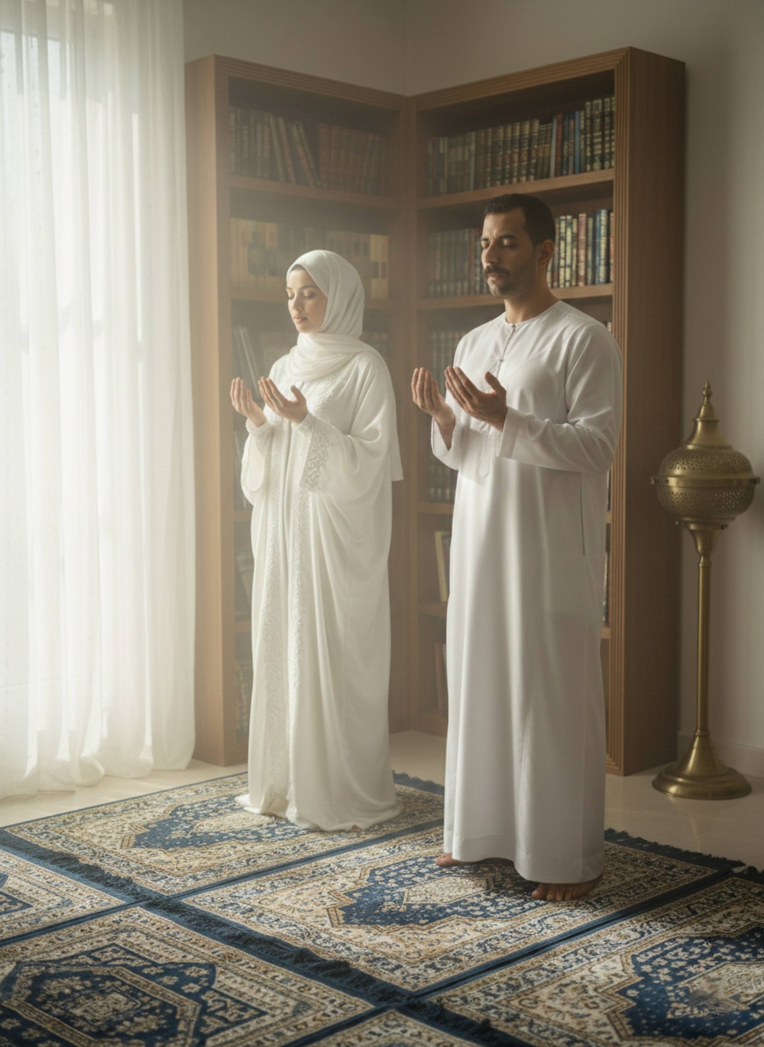 Couple standing on ornate prayer rugs in a sunlit home prayer corner with soft morning light