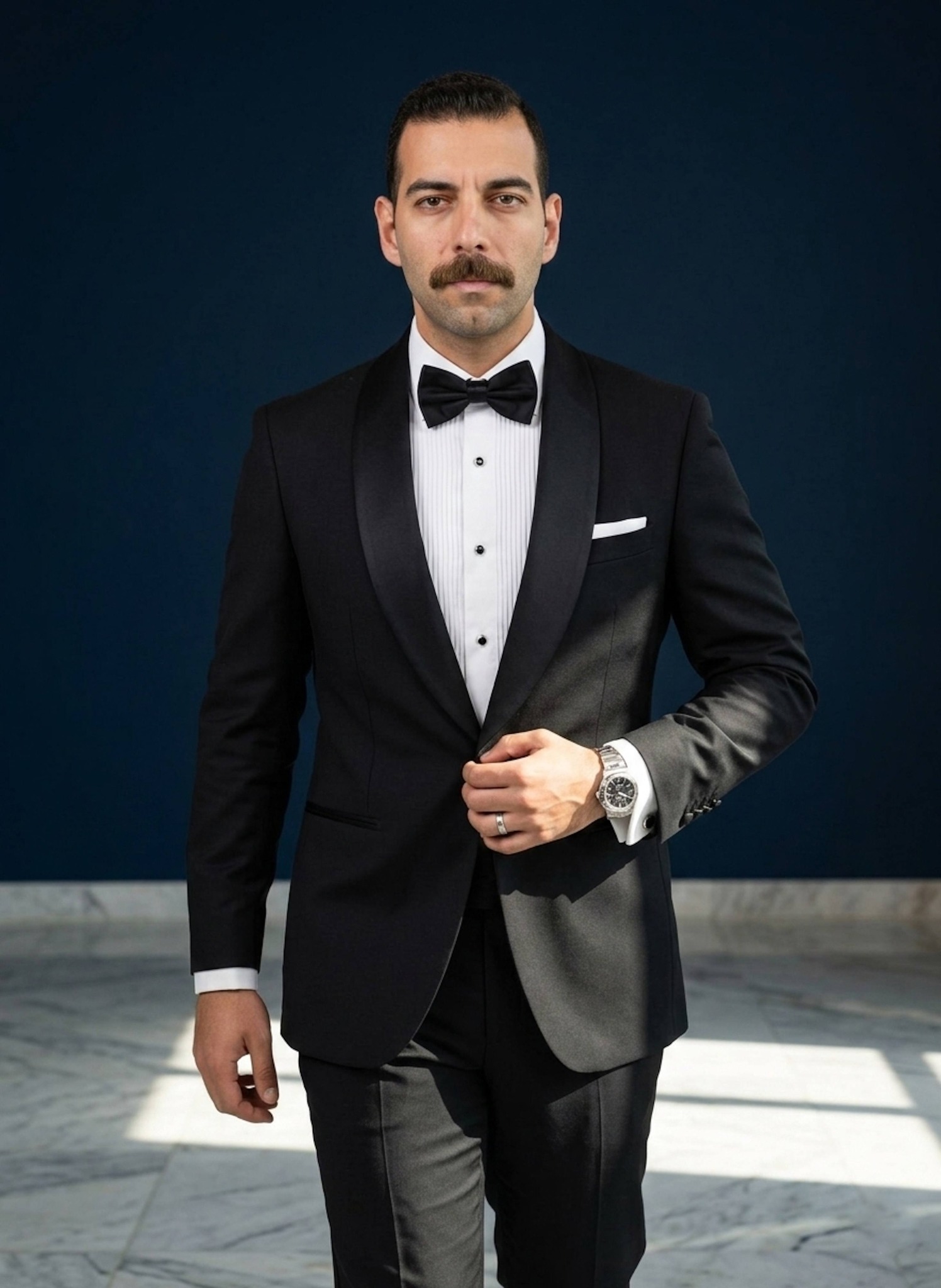 Man in black tuxedo walking through a formal studio with navy backdrop and polished marble floor