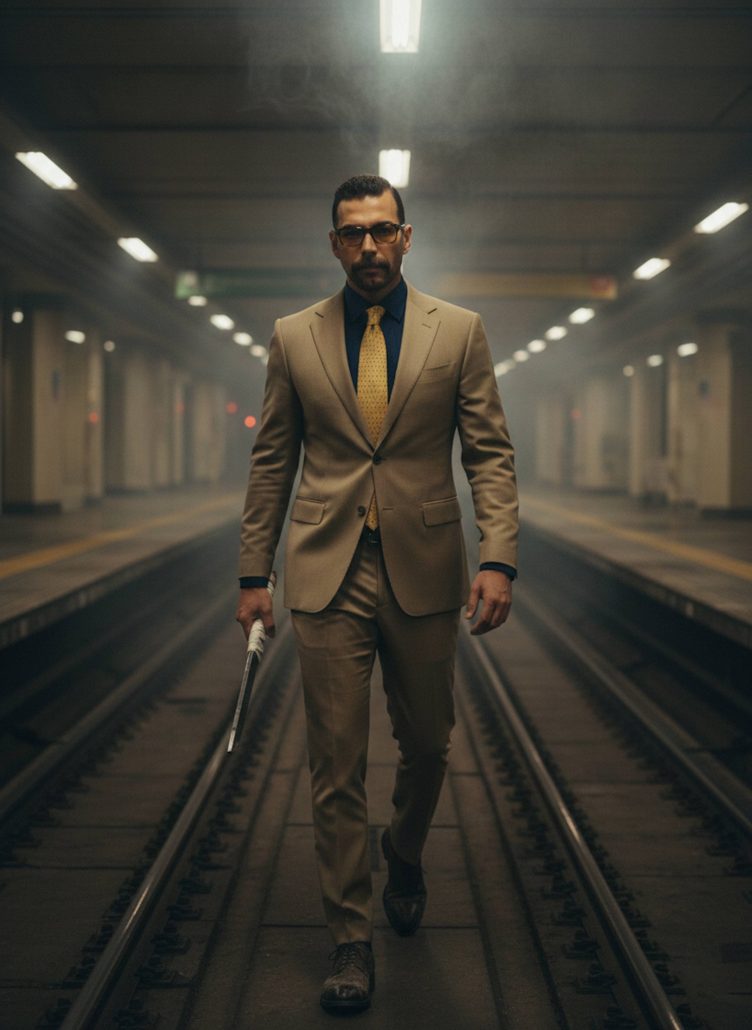 Anime-style figure in tan suit walking through a smoke-filled subway platform scanning for spirits