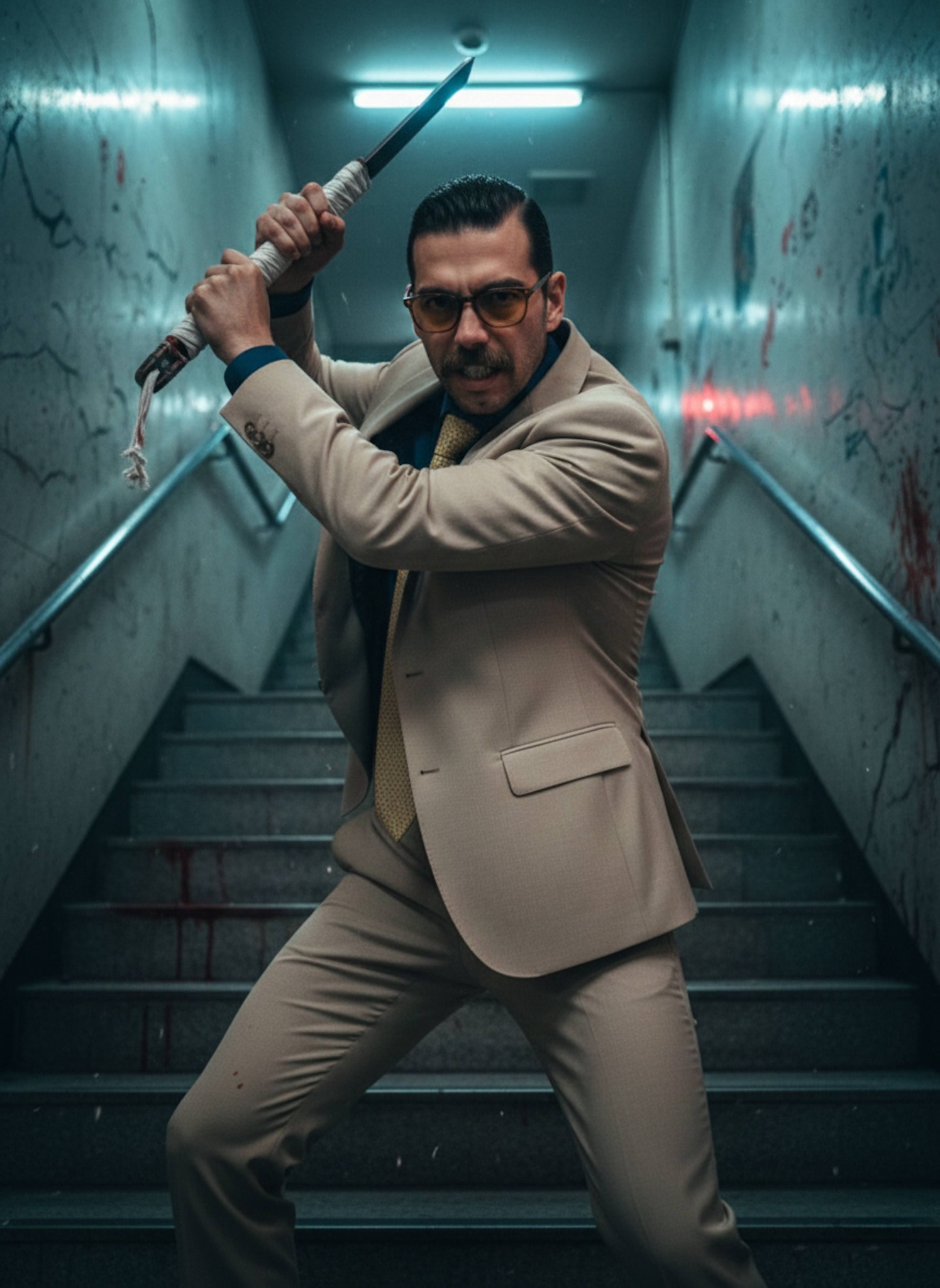 Anime character in tan suit performing a downward blade strike in a concrete stairwell