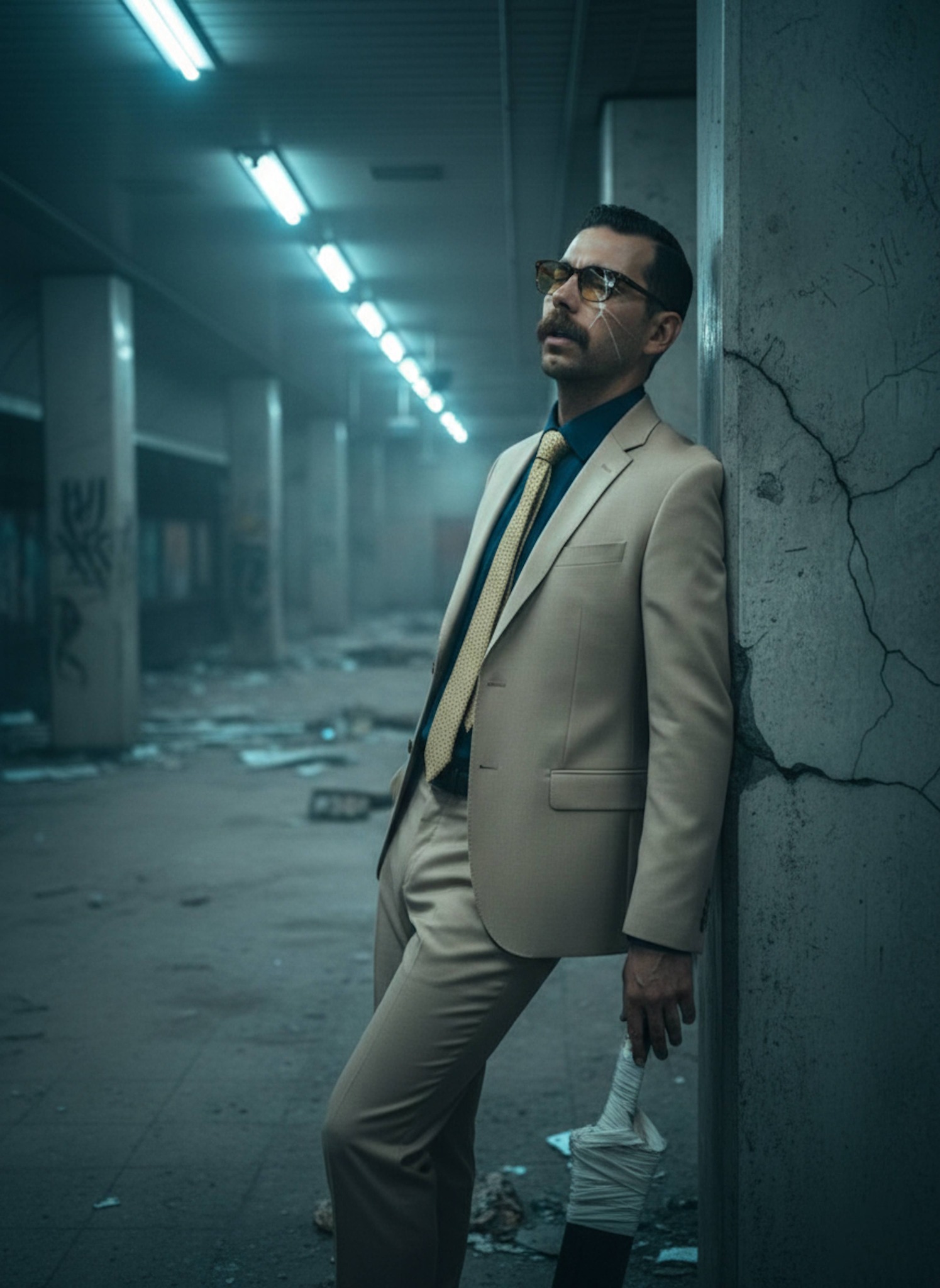 Wounded anime character in torn tan suit leaning against a cracked subway pillar in dim light