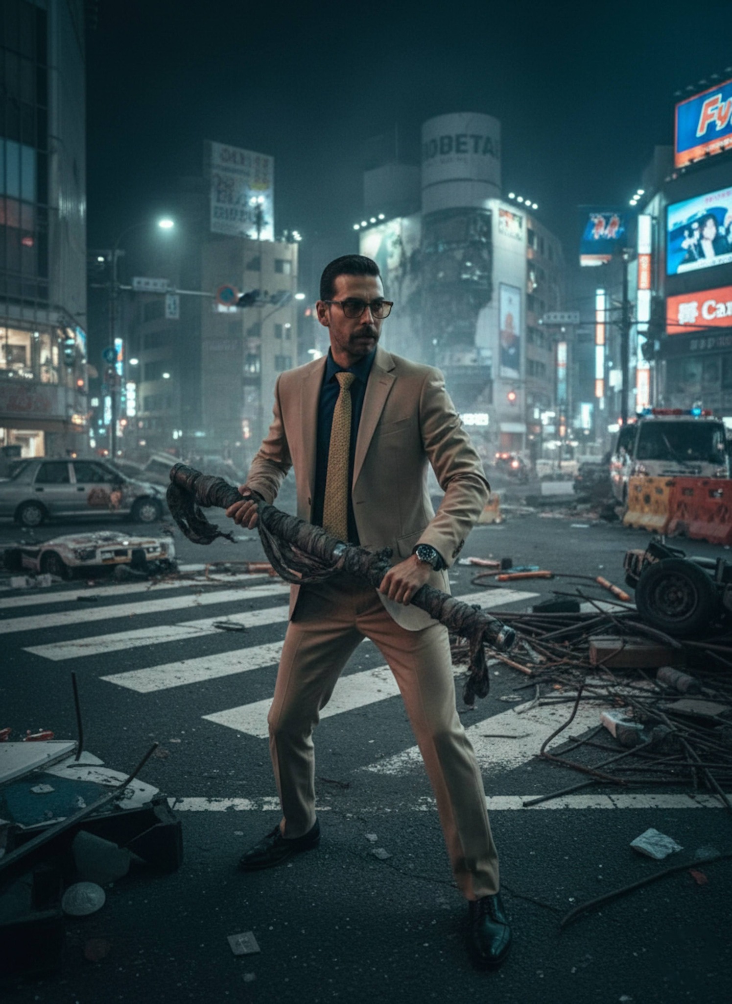 Anime figure in tan suit and tinted glasses scanning a rubble-covered urban intersection