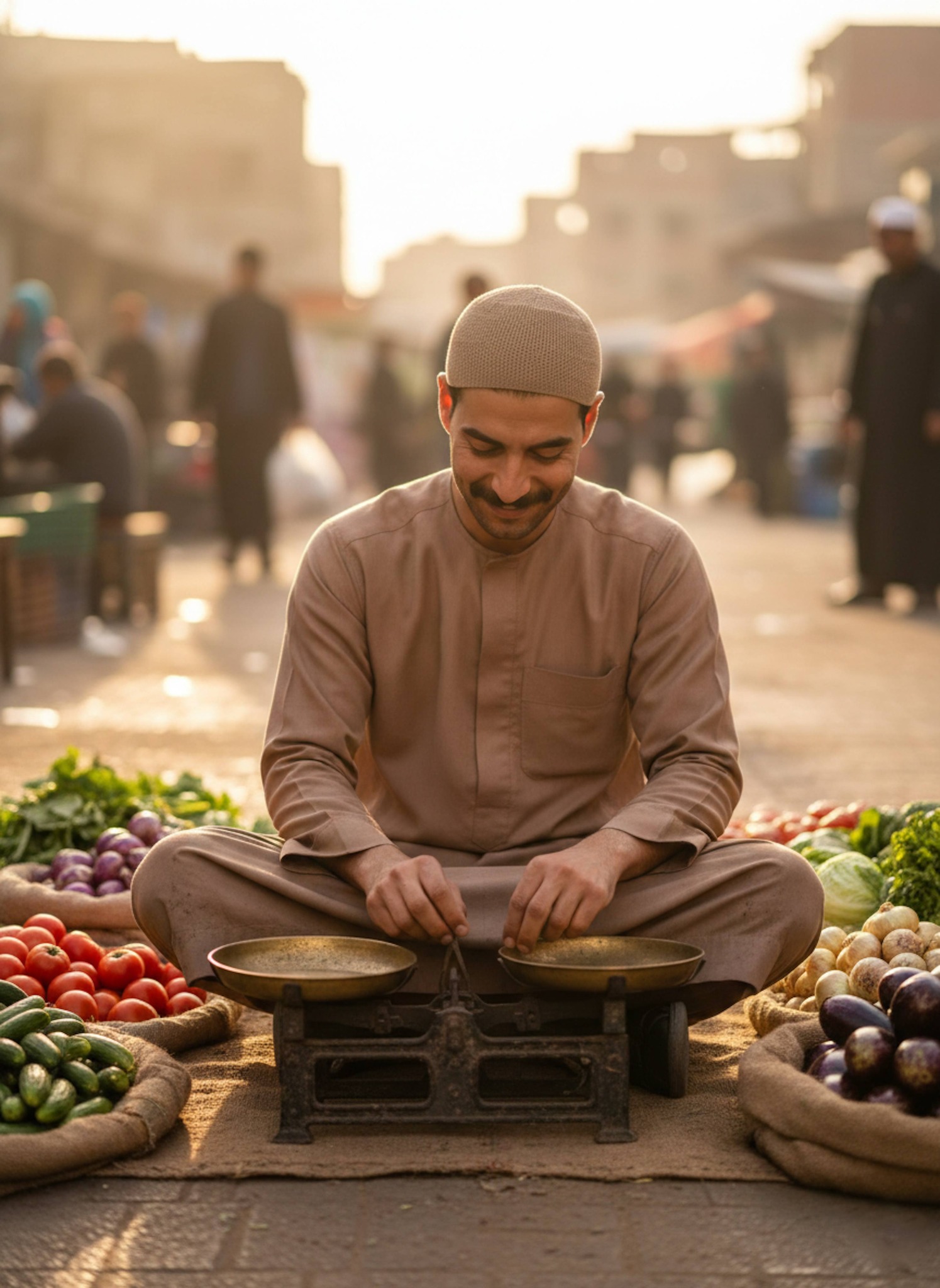 Vegetable vendor sitting on the ground at a dusty Ramadan market with soft golden hour light