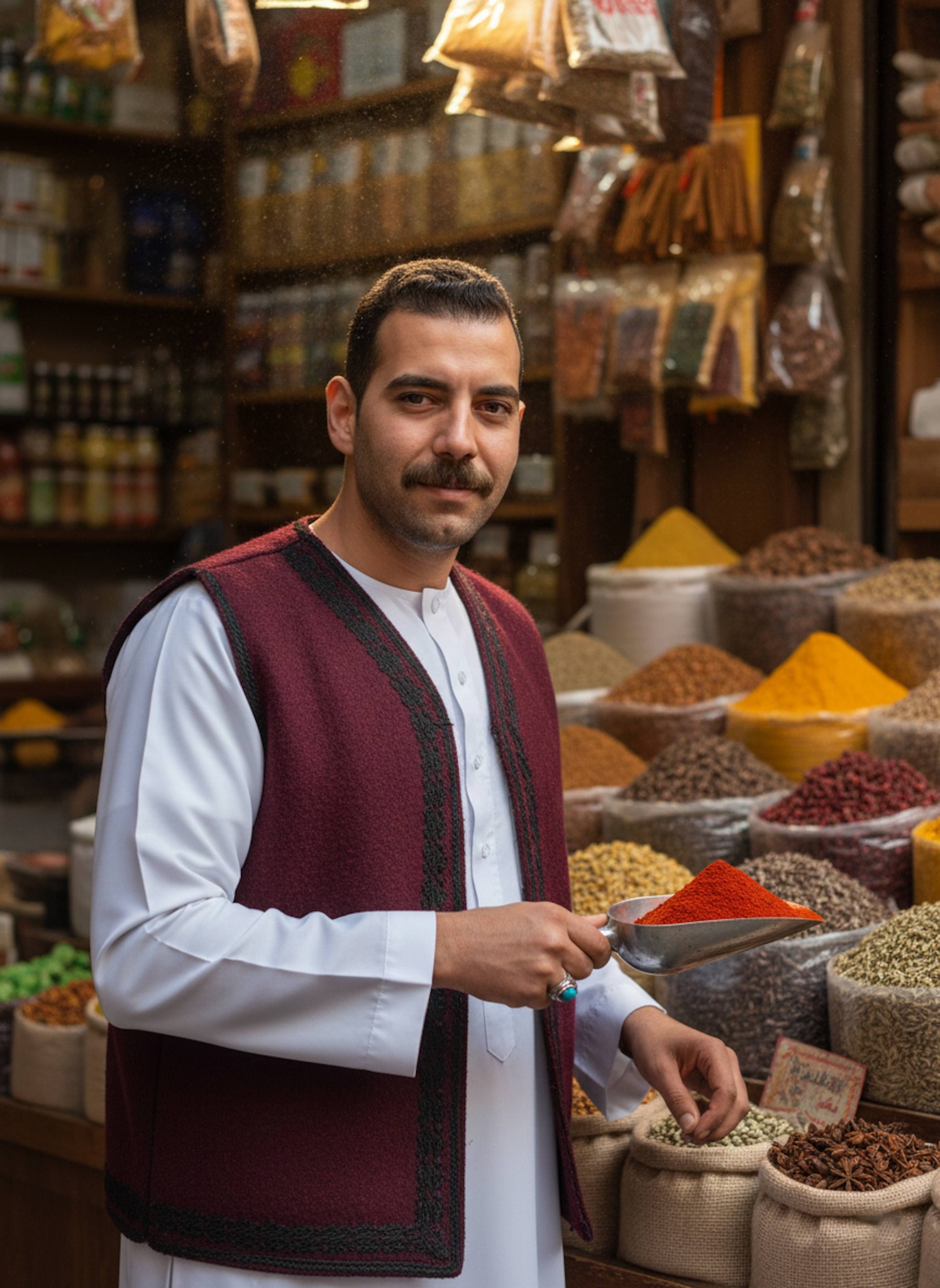 Spice merchant in white galabeya holding a silver scoop of red paprika at Alexandria Souq