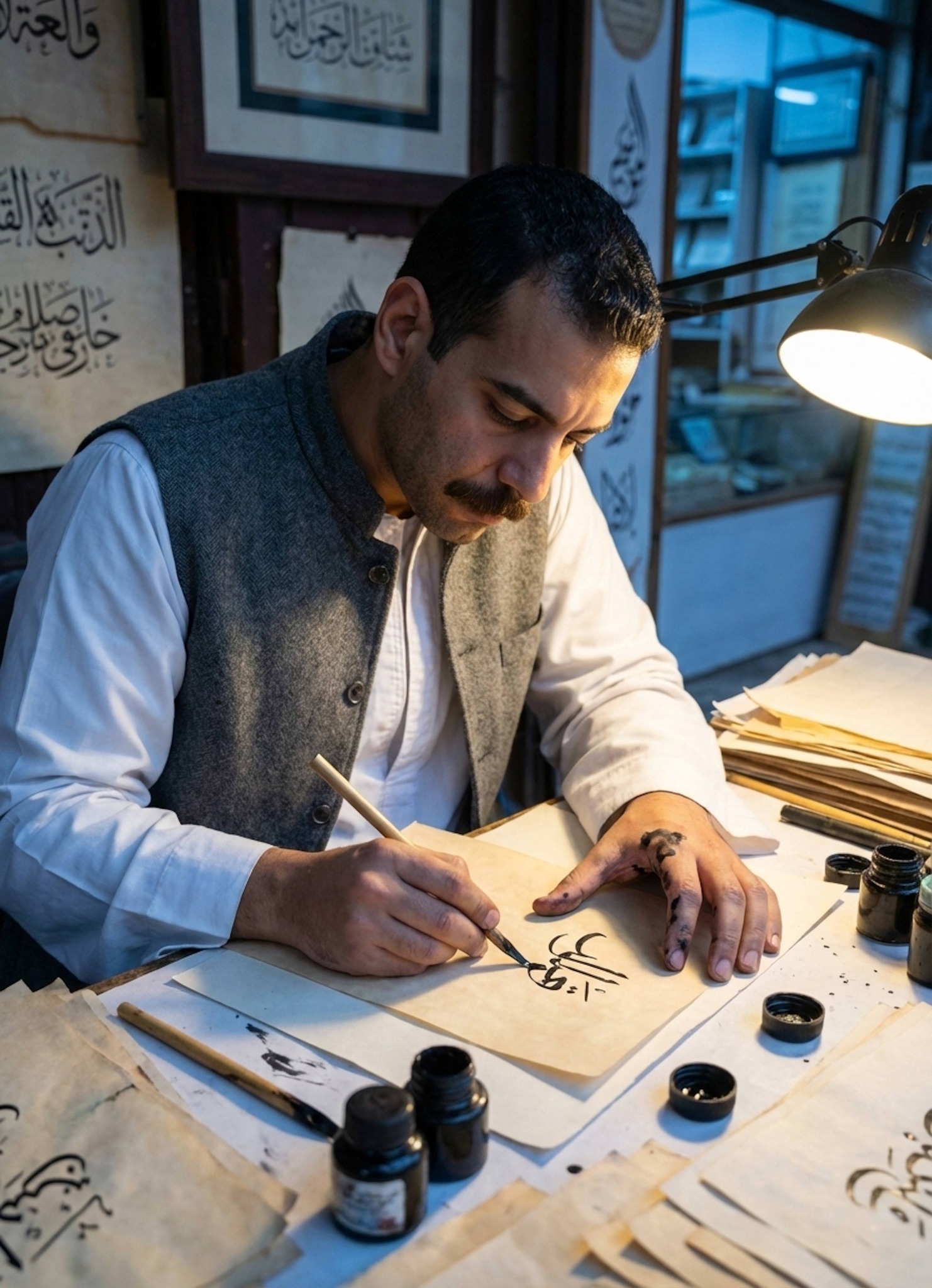 Top-down view of a calligrapher using a reed pen and black ink near Al-Azhar Mosque