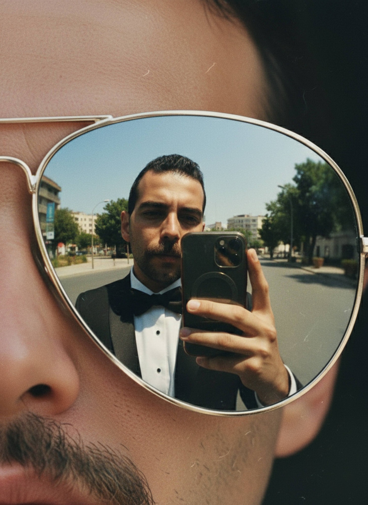 Extreme close-up of sunglasses with a person reflected in the curved lens with bright outdoor sunlight and vintage film grain
