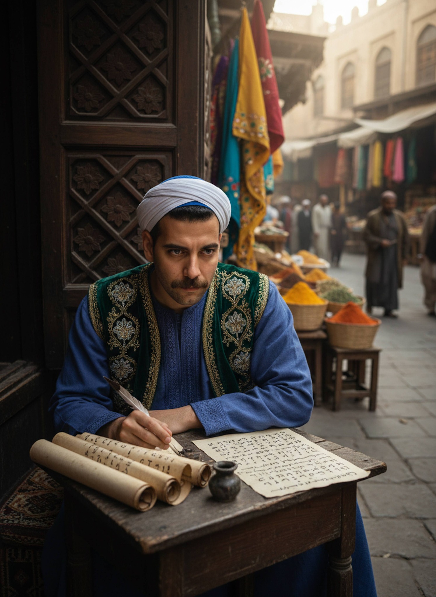 Historical figure decrypting a cipher scroll in a bustling 9th-century Baghdad market square