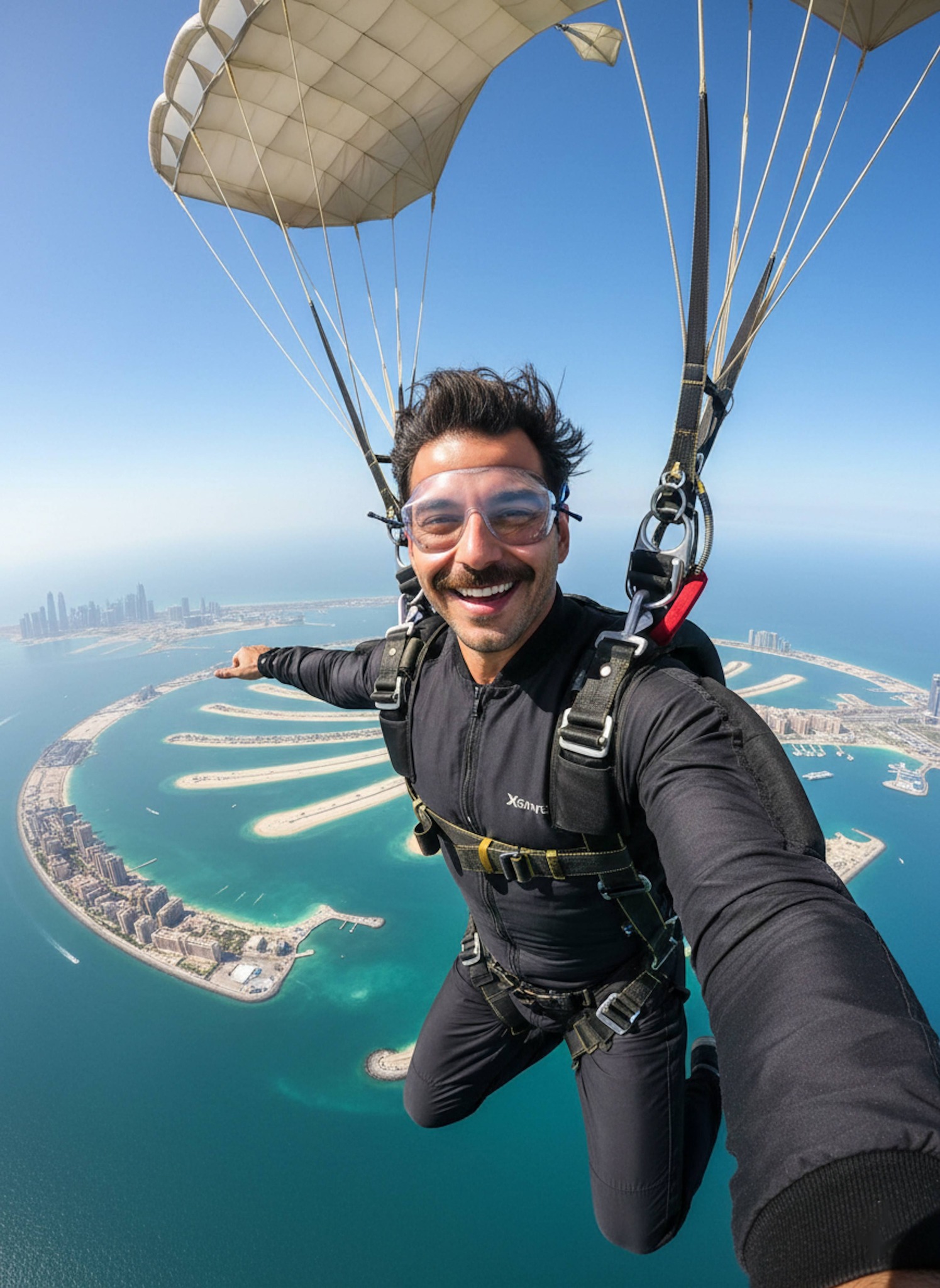 Person in skydiving gear freefalling over Palm Jumeirah Dubai with turquoise water below