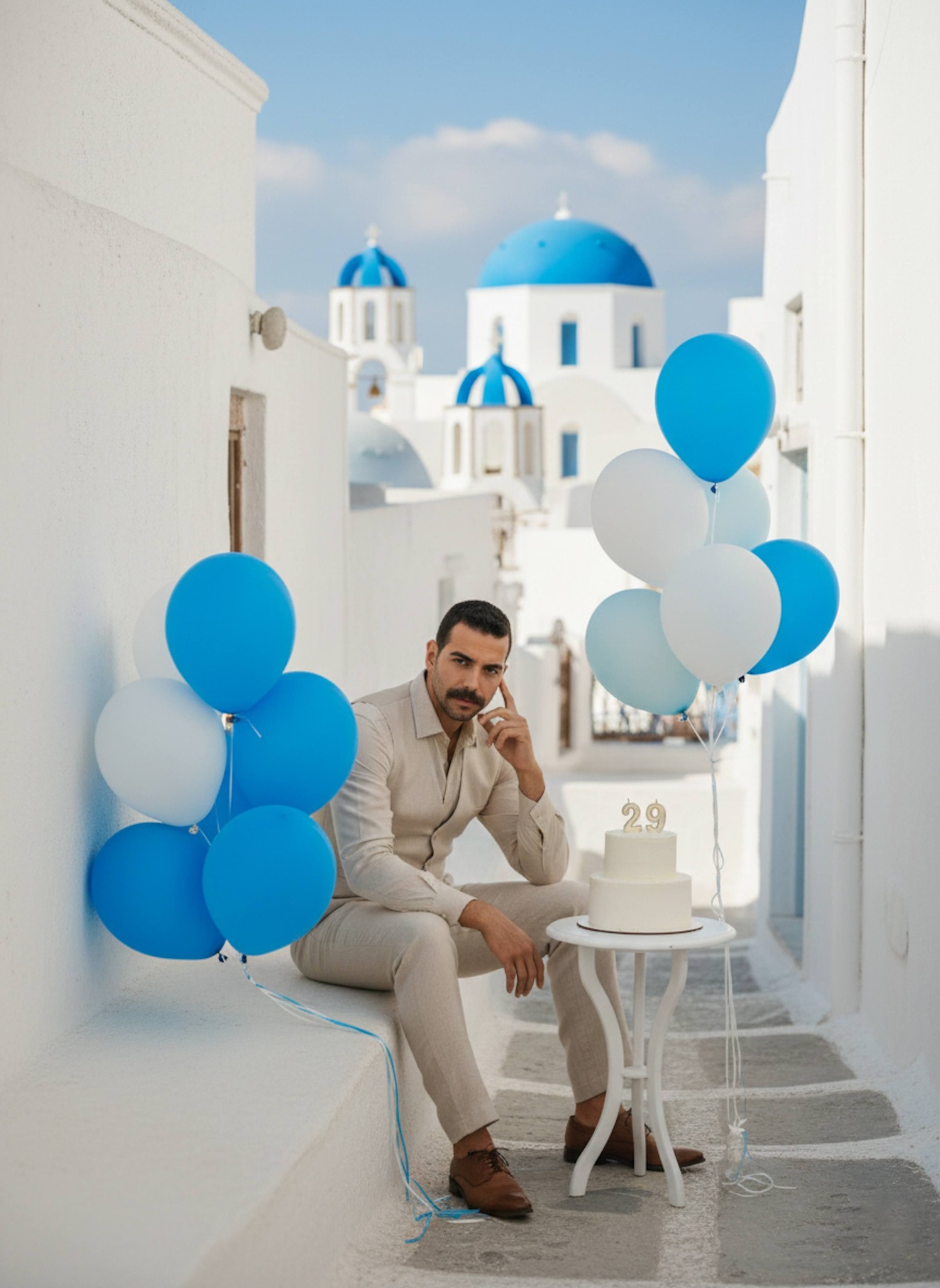Person in beige linen outfit celebrating birthday among Santorini blue domes with balloons and cake