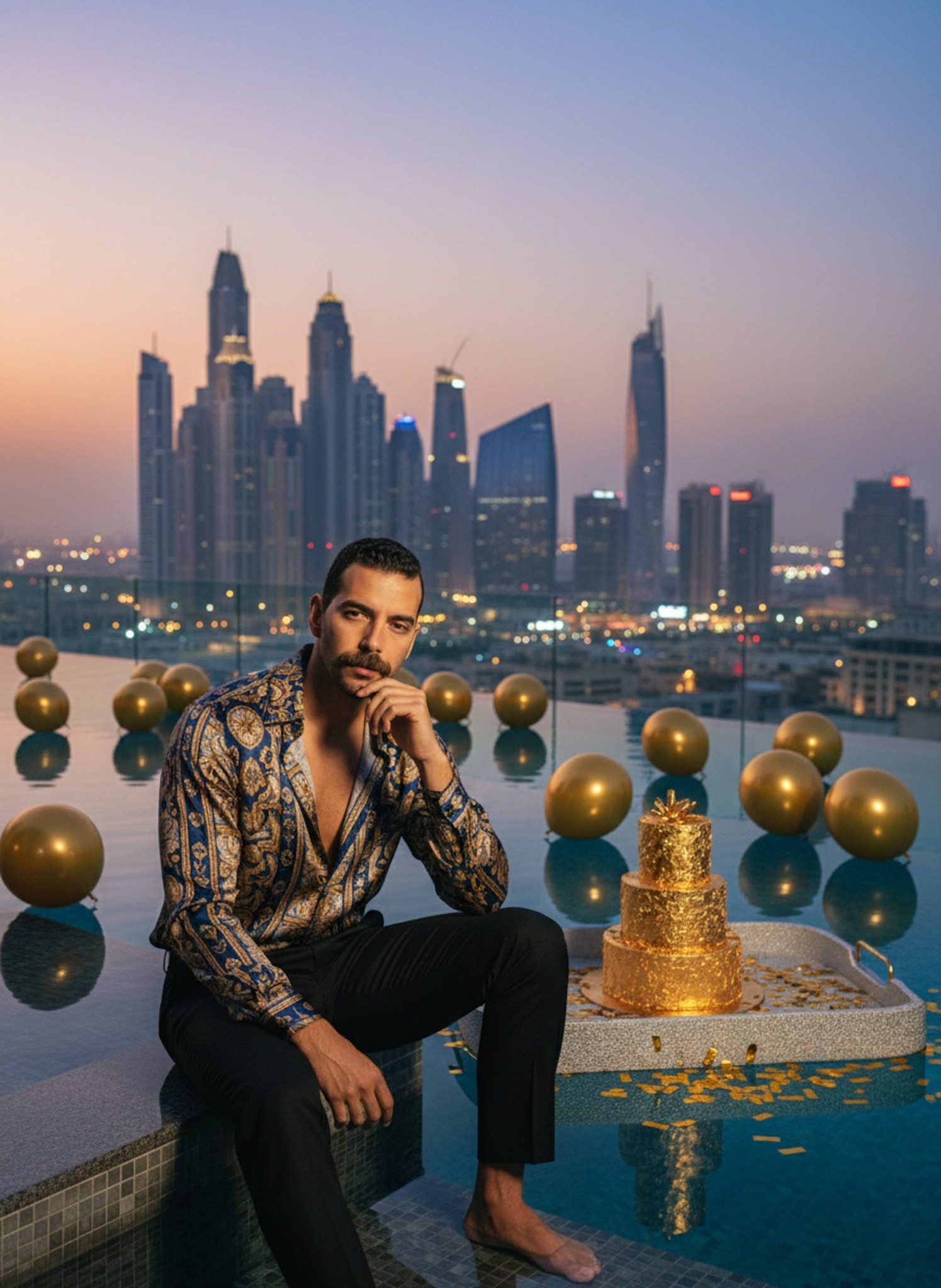 Person in silk shirt by rooftop infinity pool in Dubai with floating balloons and twilight skyline