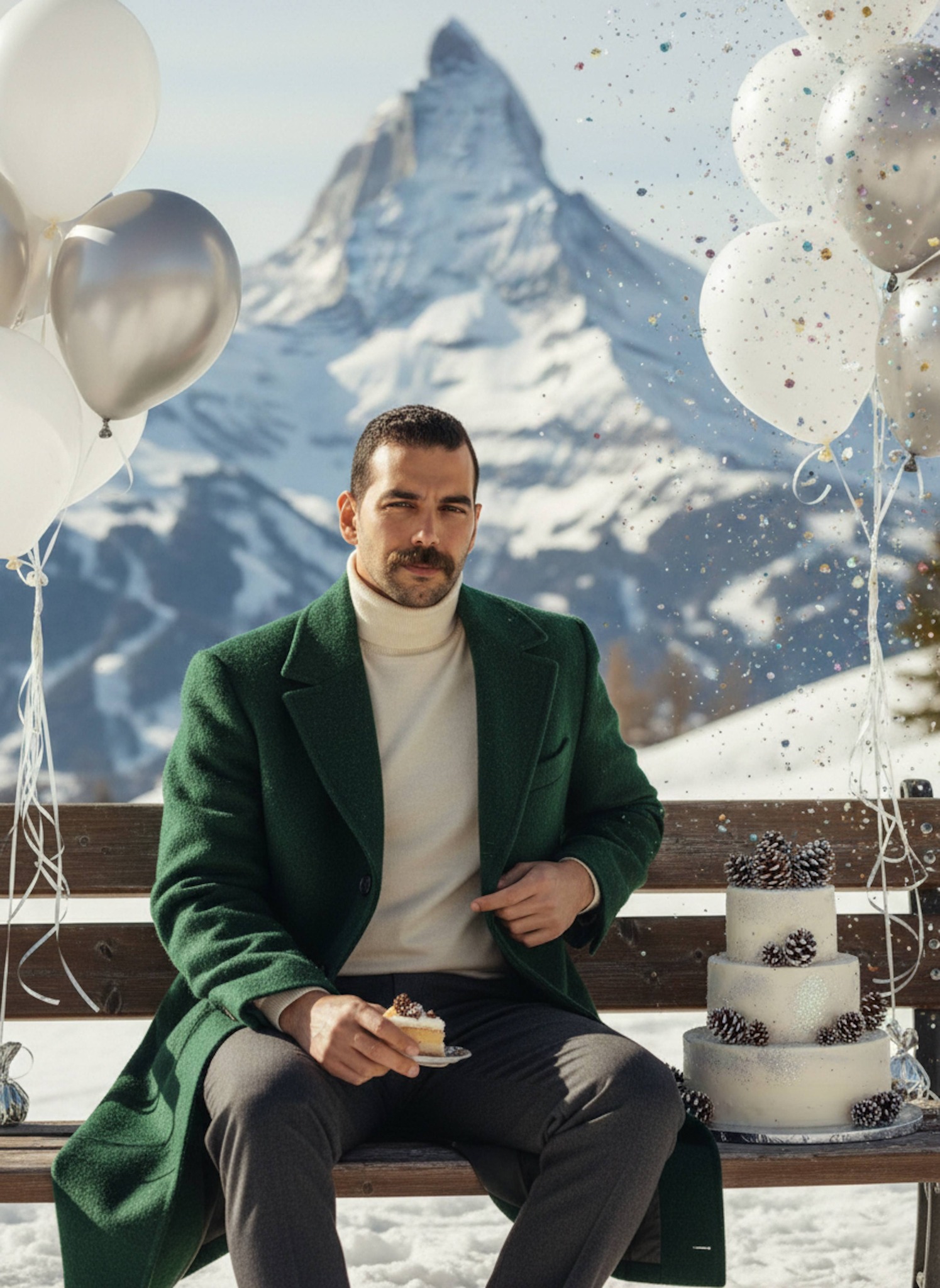 Person in emerald overcoat on snowy Swiss Alps peak with silver balloons and pine-cone cake