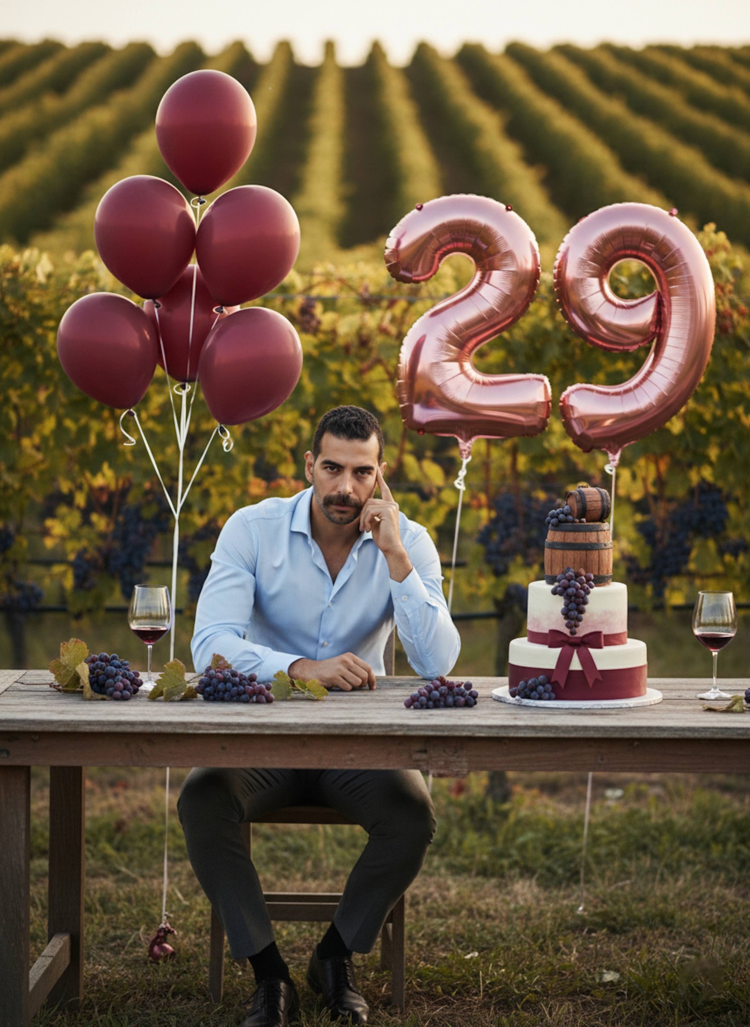 Person at a long wooden table in a Tuscan vineyard with burgundy balloons and wine-themed cake