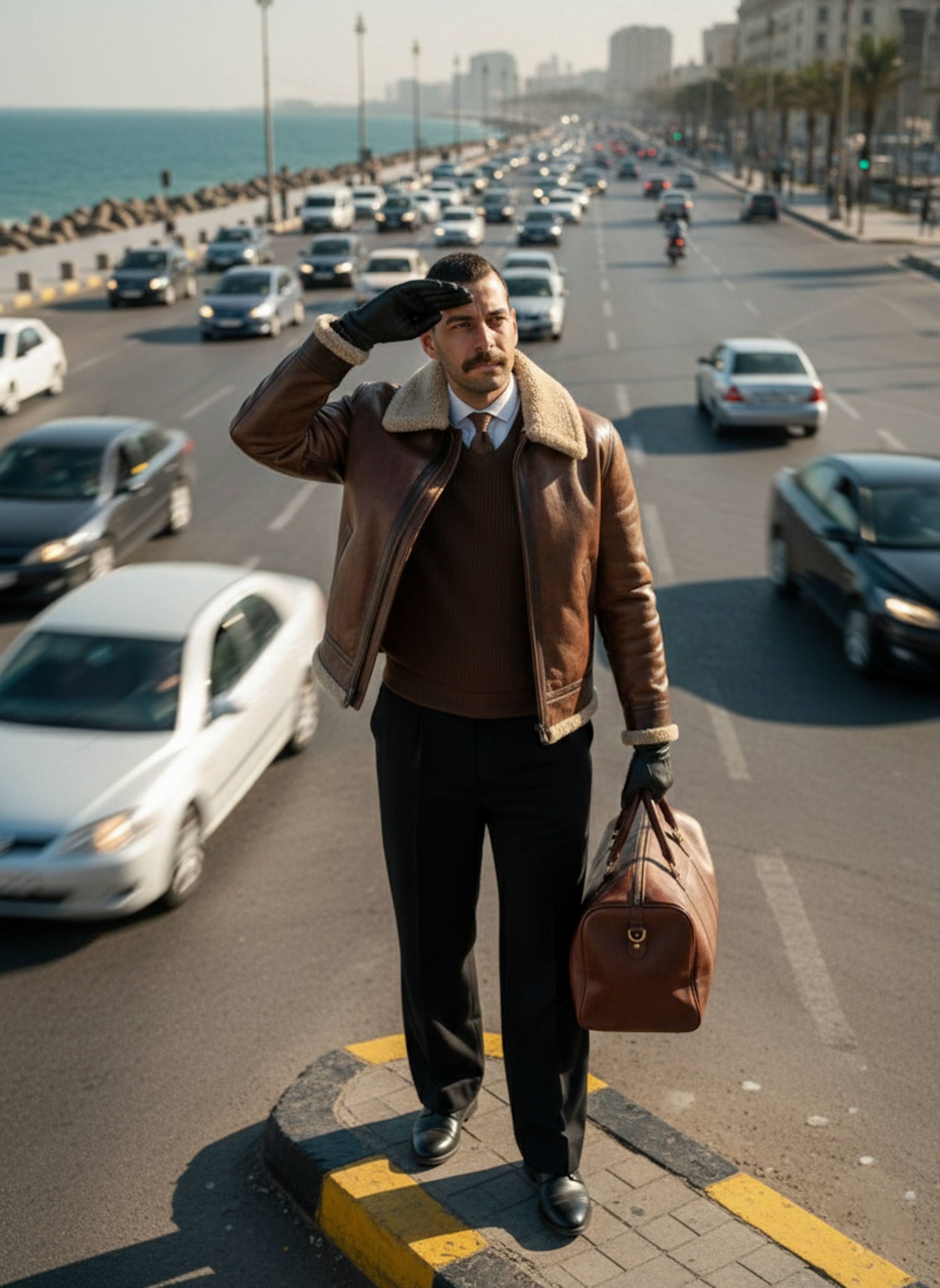 High-angle view of person standing on an Alexandria street corner shielding eyes from the sun