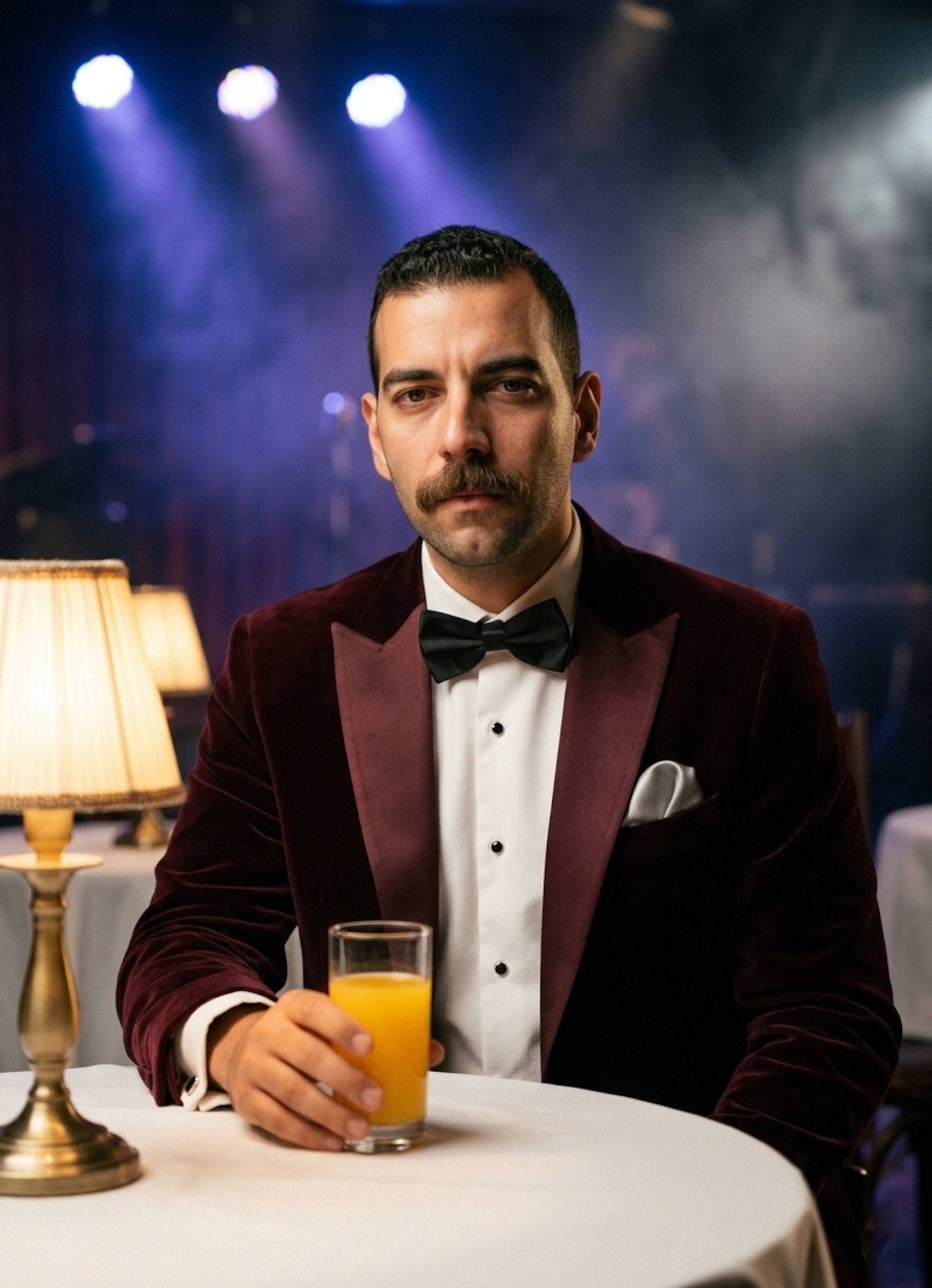 Person in burgundy velvet jacket seated at a round table in a dimly lit 1930s jazz club